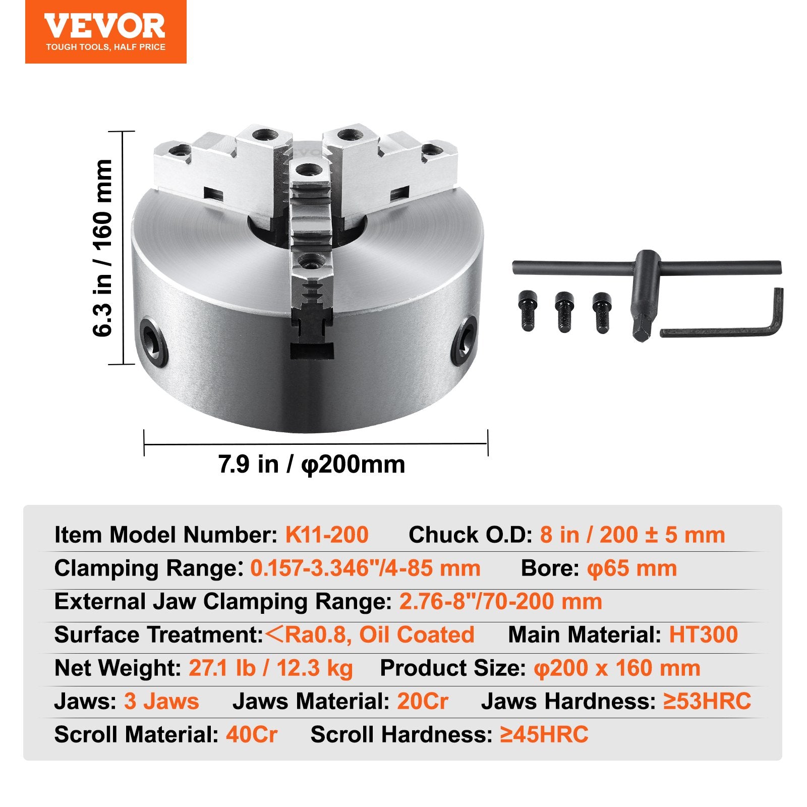 VEVOR 3-Jaw Lathe Chuck, 200 mm, Self-Centering Lathe Chuck, 4-200 mm Clamping Range with T-key Fixing Screws Hexagon Wrench, for Lathe 3D Printer Machining Center Milling Drilling Machine
