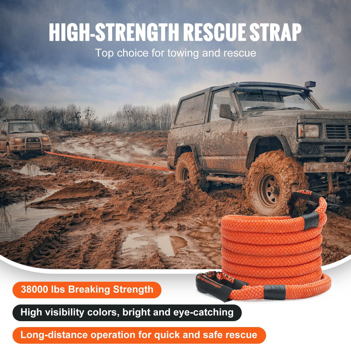 VEVOR 25.4 mm x 6.1 m Kinetic Recovery Tow Rope 17237 kg, Heavy-Duty Off Road Snatch Strap, Extreme Duty 30% Elasticity Energy Snatch Strap for Jeep Car Truck ATV UTV SUV Tractor