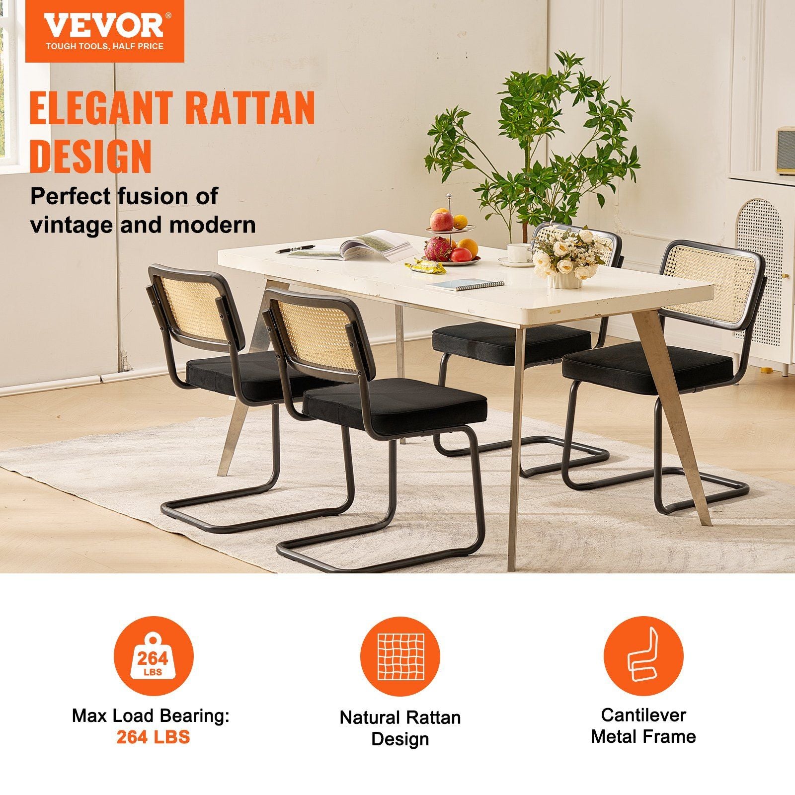 Rattan Chairs, Set of 4, Mid Century Modern Dining Chair, Upholstered Velvet Accent Chair with Rattan Back, Retro Dining Room Kitchen Chair for Living Room, Bedroom, Reading Room, Office, Black