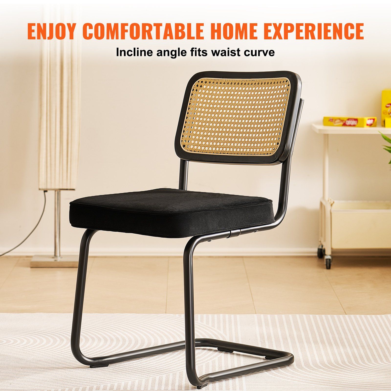 Rattan Chairs, Set of 4, Mid Century Modern Dining Chair, Upholstered Velvet Accent Chair with Rattan Back, Retro Dining Room Kitchen Chair for Living Room, Bedroom, Reading Room, Office, Black