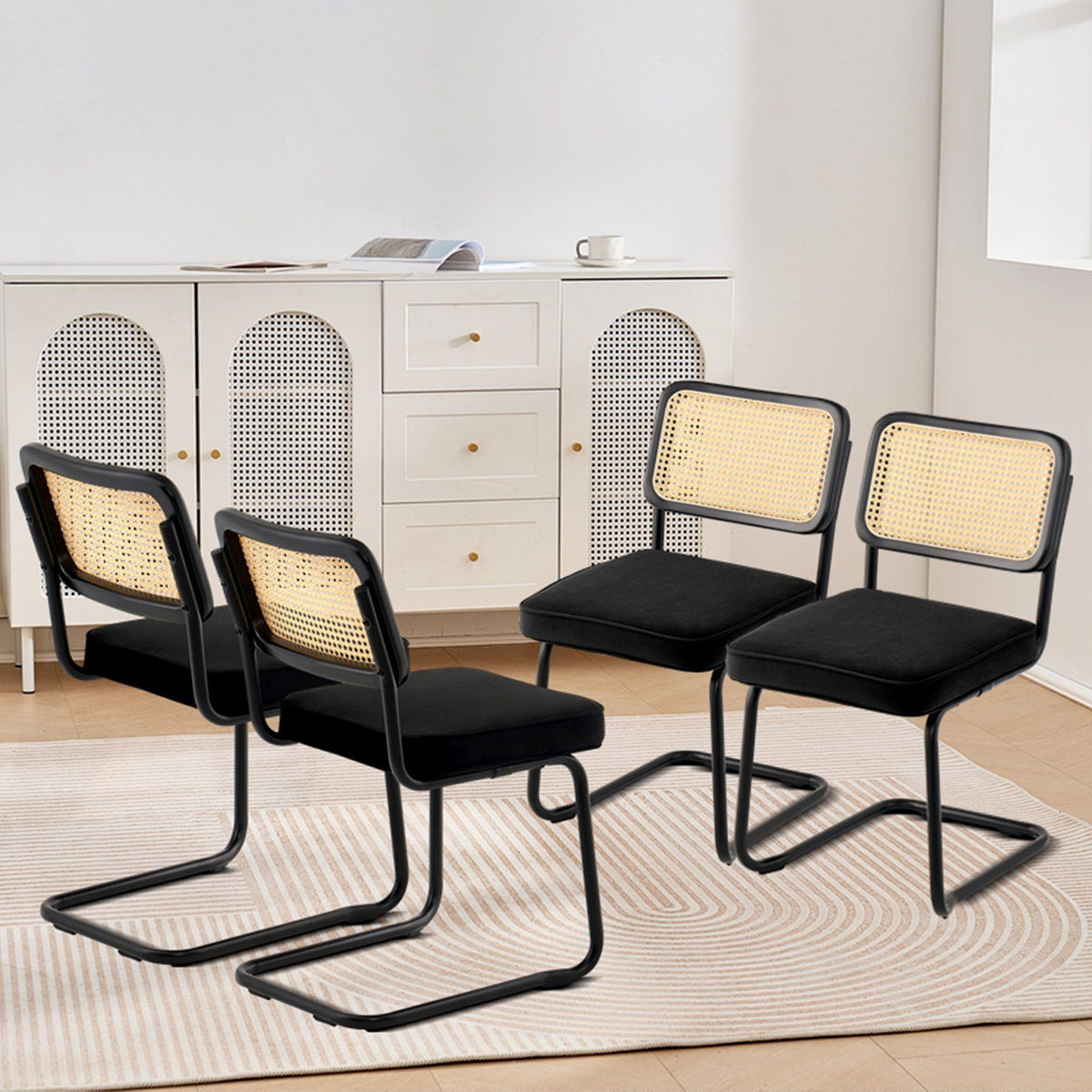 Rattan Chairs, Set of 4, Mid Century Modern Dining Chair, Upholstered Velvet Accent Chair with Rattan Back, Retro Dining Room Kitchen Chair for Living Room, Bedroom, Reading Room, Office, Black