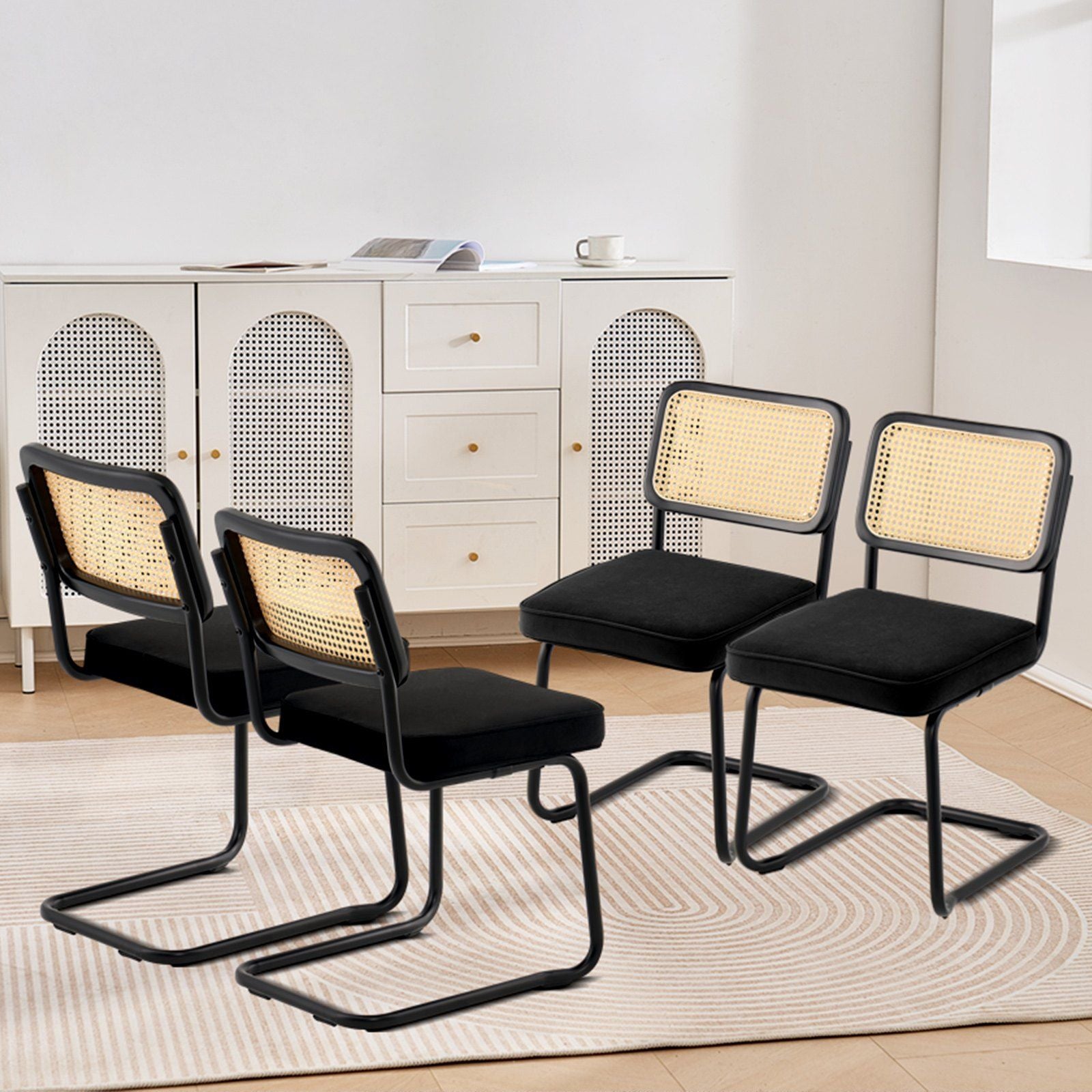 Rattan Chairs, Set of 4, Mid Century Modern Dining Chair, Upholstered Velvet Accent Chair with Rattan Back, Retro Dining Room Kitchen Chair for Living Room, Bedroom, Reading Room, Office, Black