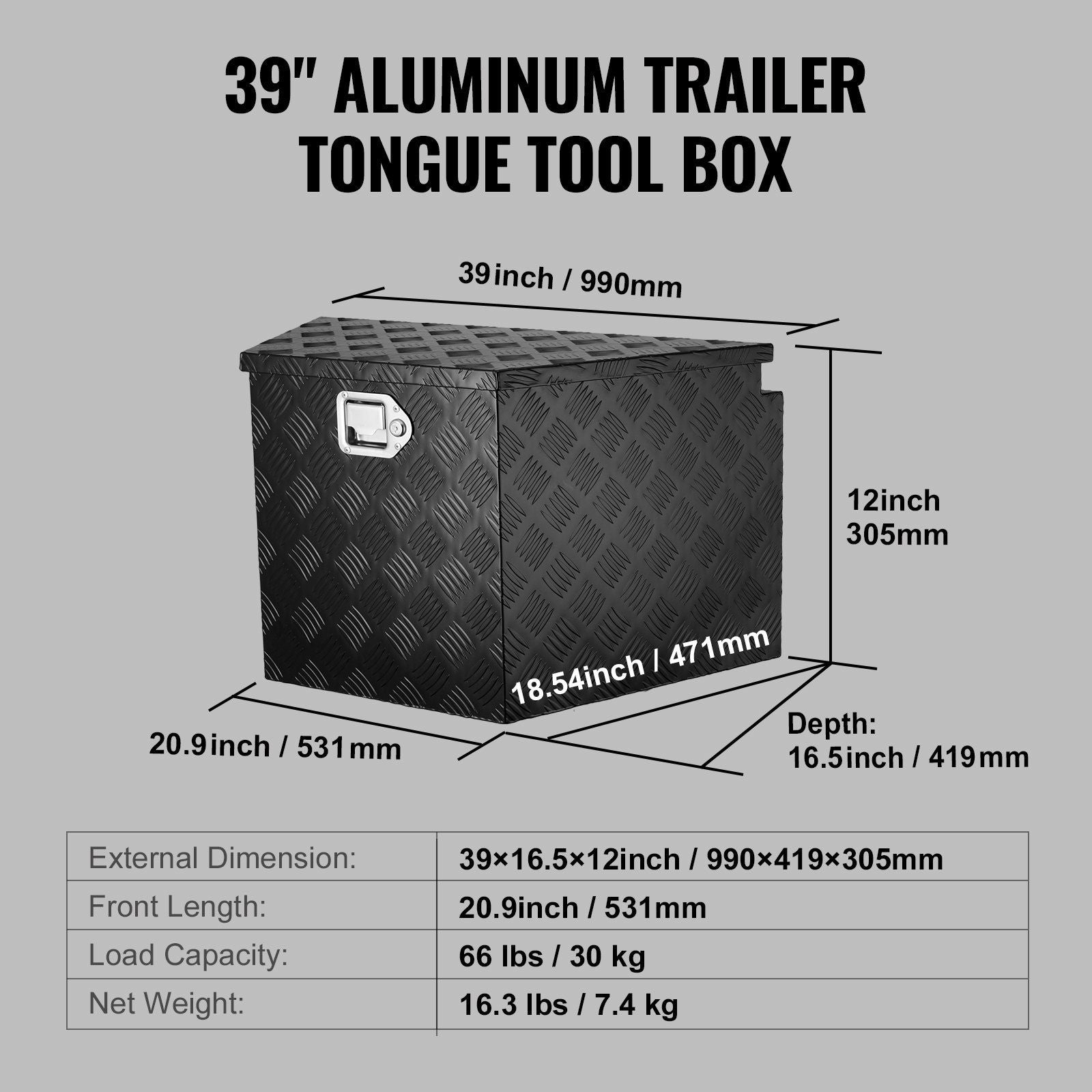 Trailer Tongue Box, Aluminum Alloy Diamond Plate Tongue Box Tool Chest, Heavy Duty Trailer Box Storage with Lock and Keys, Utility Trailer Tongue Box for Pickup Truck, RV, 99.06cmx41.91 cmx30.48