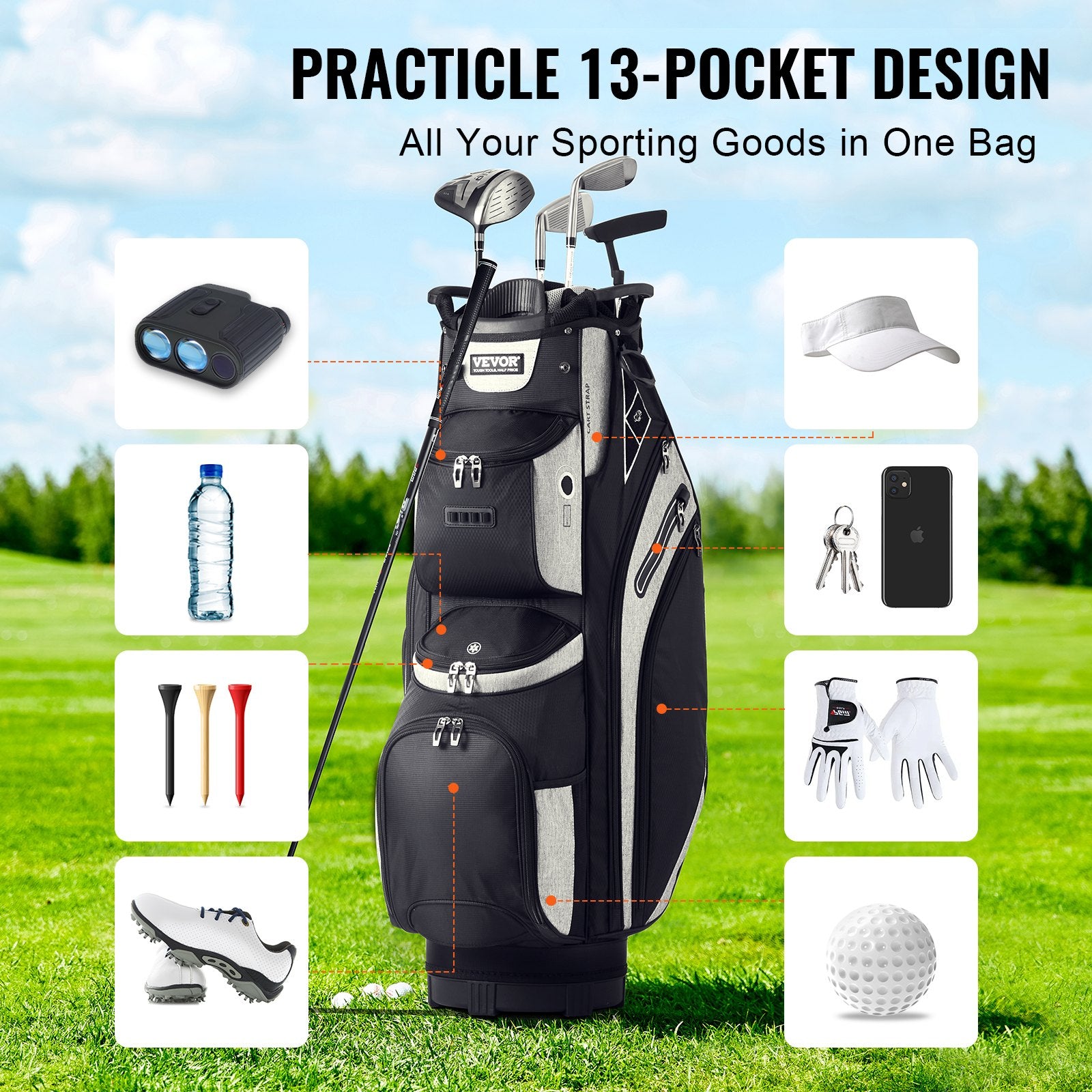 VEVOR Golf Cart Bag with 14 Way Organizer Divider Top, 13 Pockets Premium Cart Bag, Durable 600D Polyester Fabric Golf Bags with Handles & Dust Cover & Detachable Straps for Men & Women, Black Color-Block