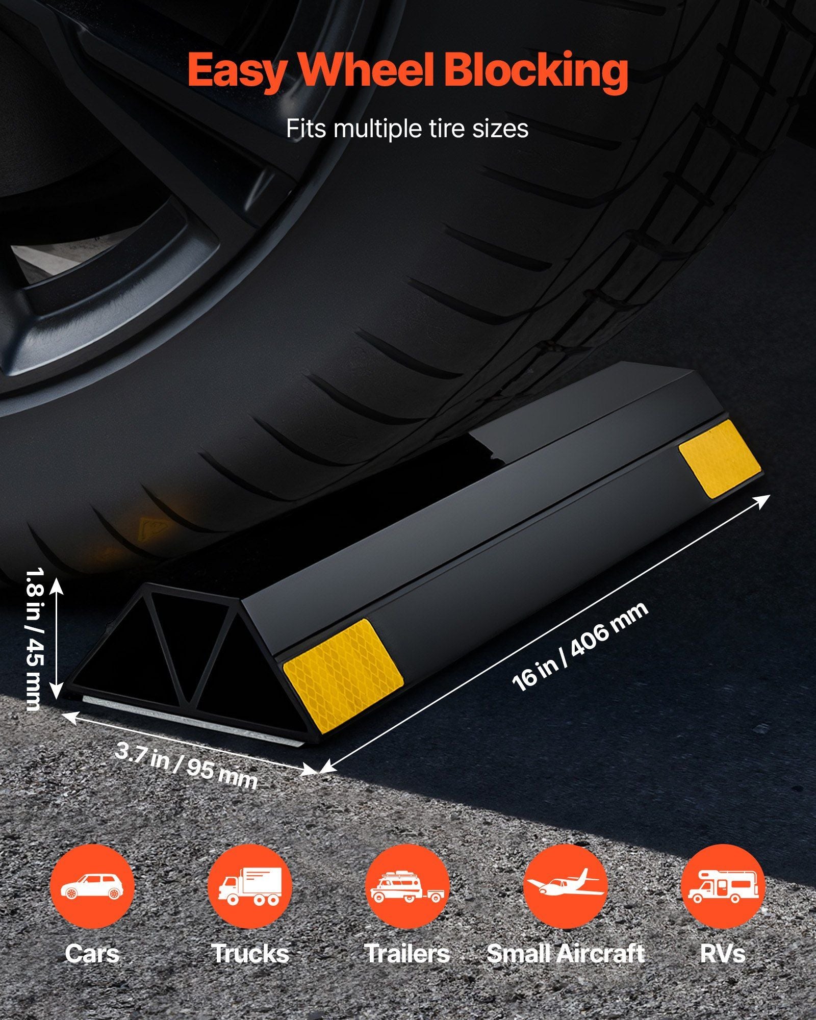 Parking Stopper, 406 mm 2 Pcs Heavy Duty Parking Aid for Garage, PP Curb Garage Floor Stopper with Reflective Strips, Vehicles Gadgets for Cars Vans Trucks Tire Wheel Guide Block Stops Bumpers