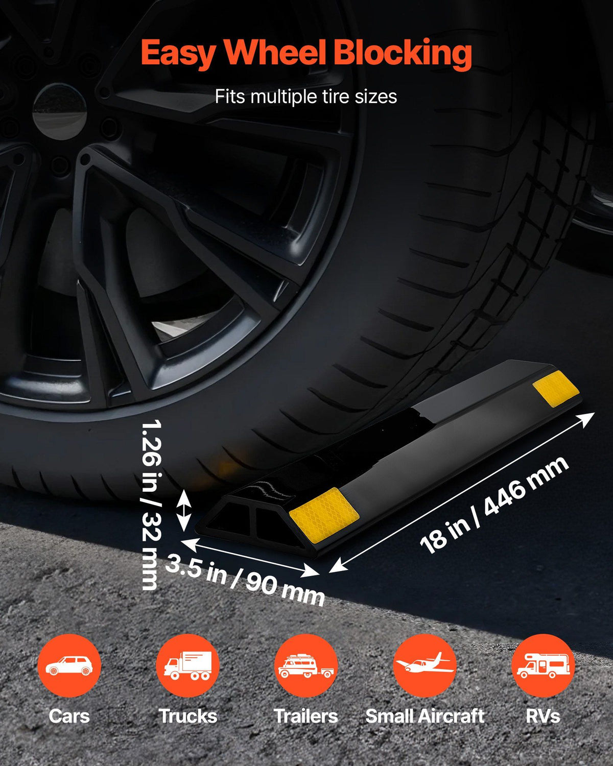 Parking Stopper, 446 mm 2 Pcs Heavy Duty Parking Aid for Garage, PP Curb Garage Floor Stopper with Reflective Strips, Vehicles Gadgets for Cars Vans Trucks Tire Wheel Guide Block Stops Bumpers