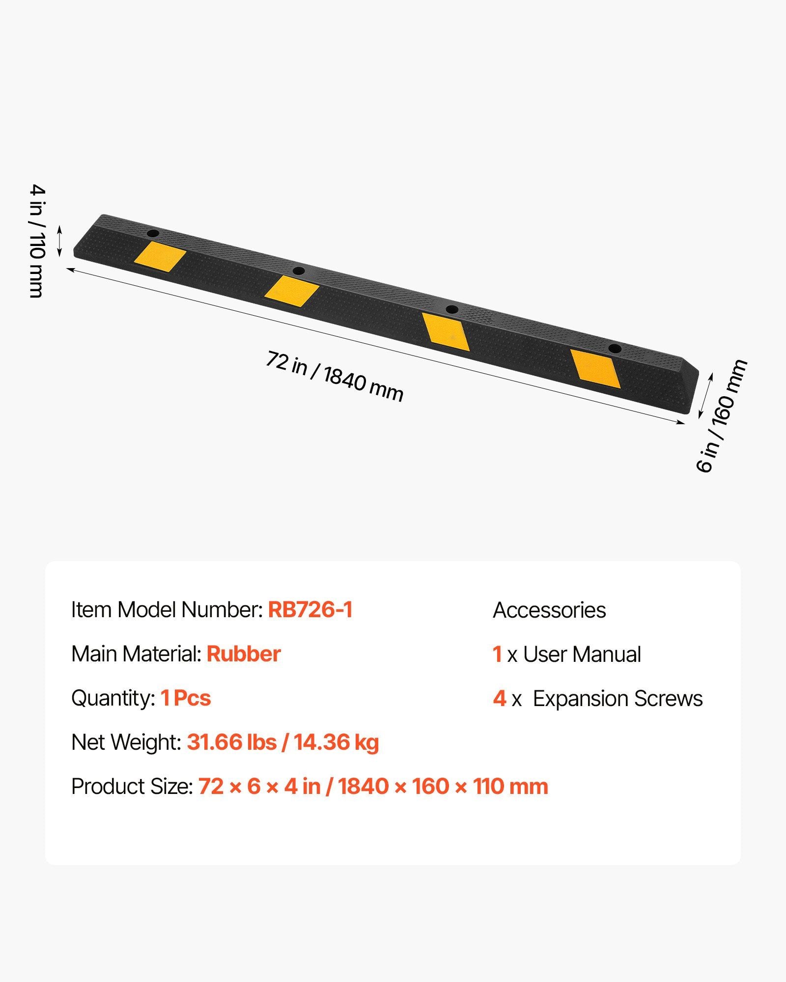 Parking Stopper, 1840 mm Heavy Duty Parking Aid for Garage, Rubber Curb Garage Floor Stopper with Reflective Strips, Vehicles Gadgets for Cars Vans Trucks Tire Wheel Guide Block Stops Bumpers