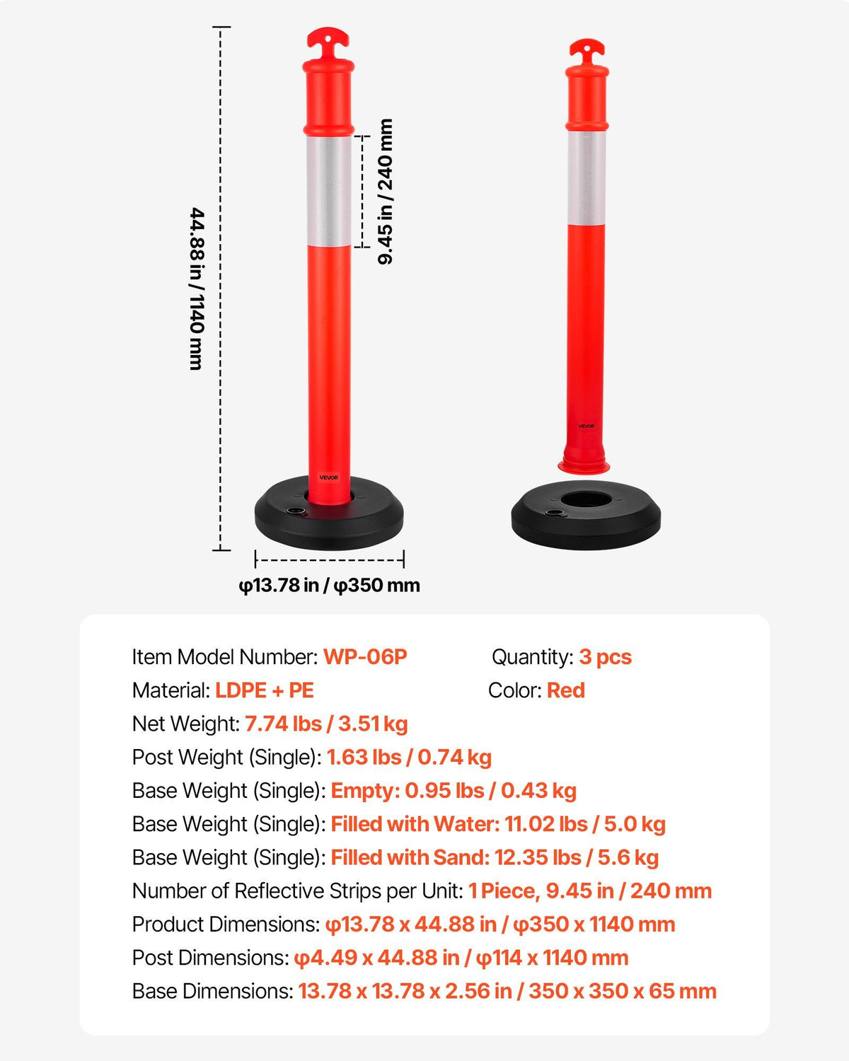 3 Pack Traffic Delineator Posts, 1140 mm Traffic Safety Cones with Fillable Base and Reflective Strips, Heavy Duty Delineator Posts for Construction Site, Parking Lot, Crowd Control, Red