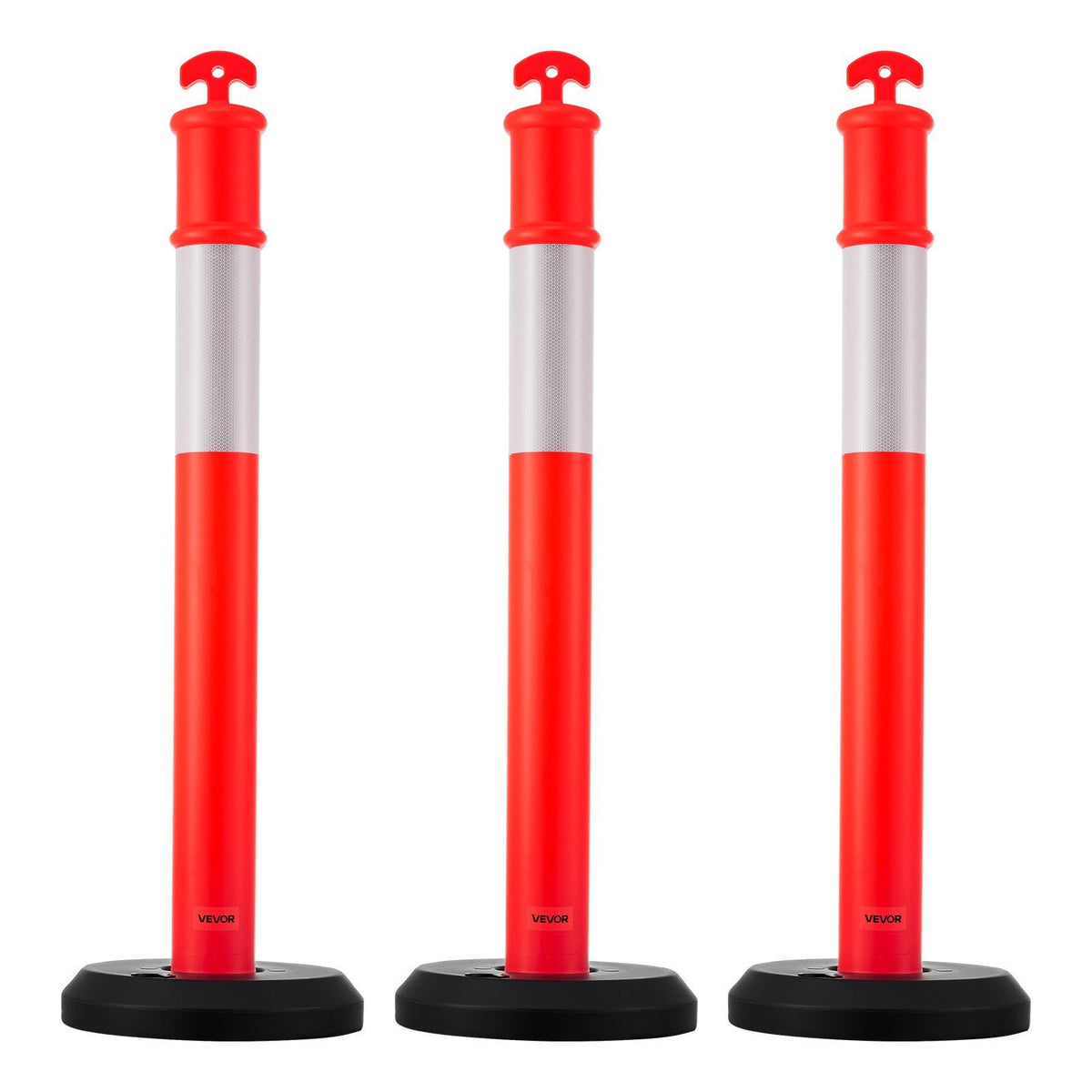 3 Pack Traffic Delineator Posts, 1140 mm Traffic Safety Cones with Fillable Base and Reflective Strips, Heavy Duty Delineator Posts for Construction Site, Parking Lot, Crowd Control, Red