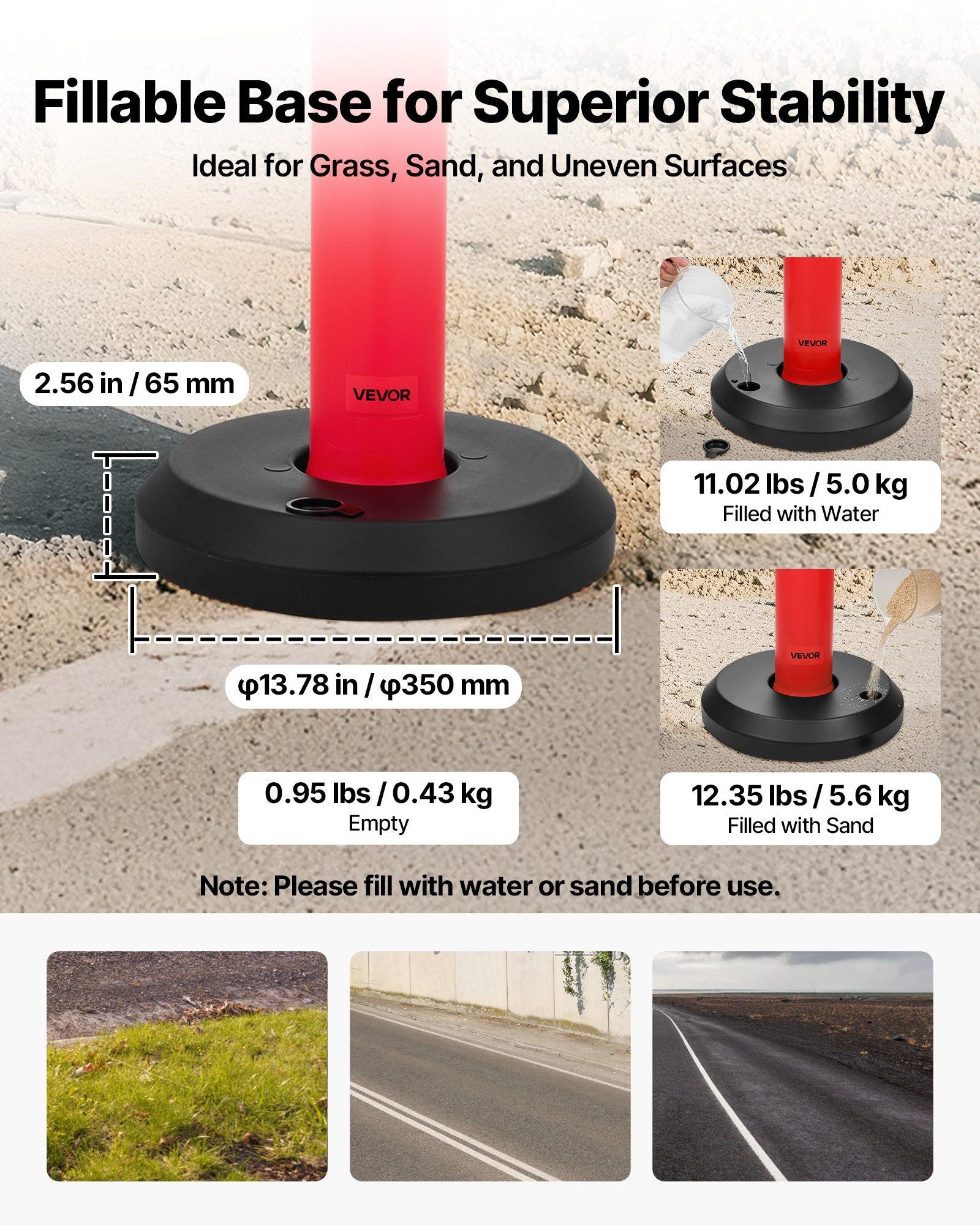 2 Pack Traffic Delineator Posts, 1140 mm Traffic Safety Cones with Fillable Base and Reflective Strips, Heavy Duty Delineator Posts for Construction Site, Parking Lot, Crowd Control, Red