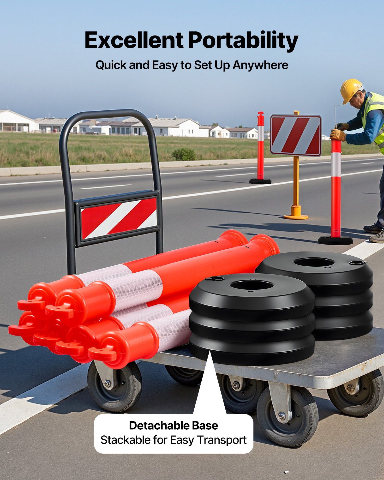 2 Pack Traffic Delineator Posts, 1140 mm Traffic Safety Cones with Fillable Base and Reflective Strips, Heavy Duty Delineator Posts for Construction Site, Parking Lot, Crowd Control, Red