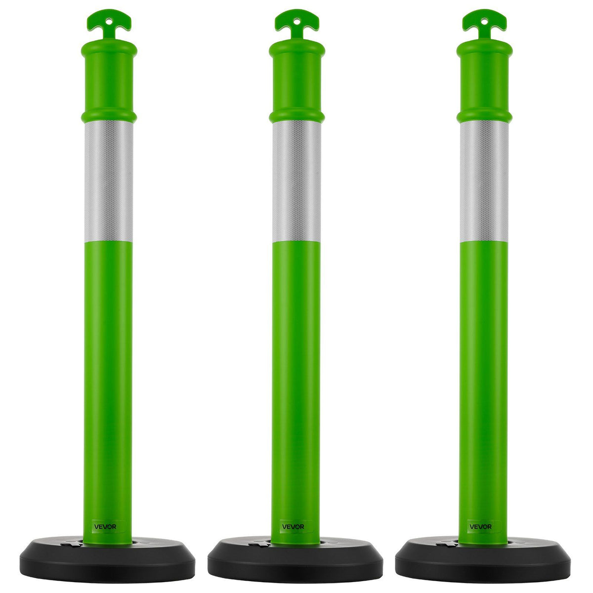 3 Pack Traffic Delineator Posts, 1140 mm Traffic Safety Cones with Fillable Base and Reflective Strips, Heavy Duty Delineator Posts for Construction Site, Parking Lot, Crowd Control, Green