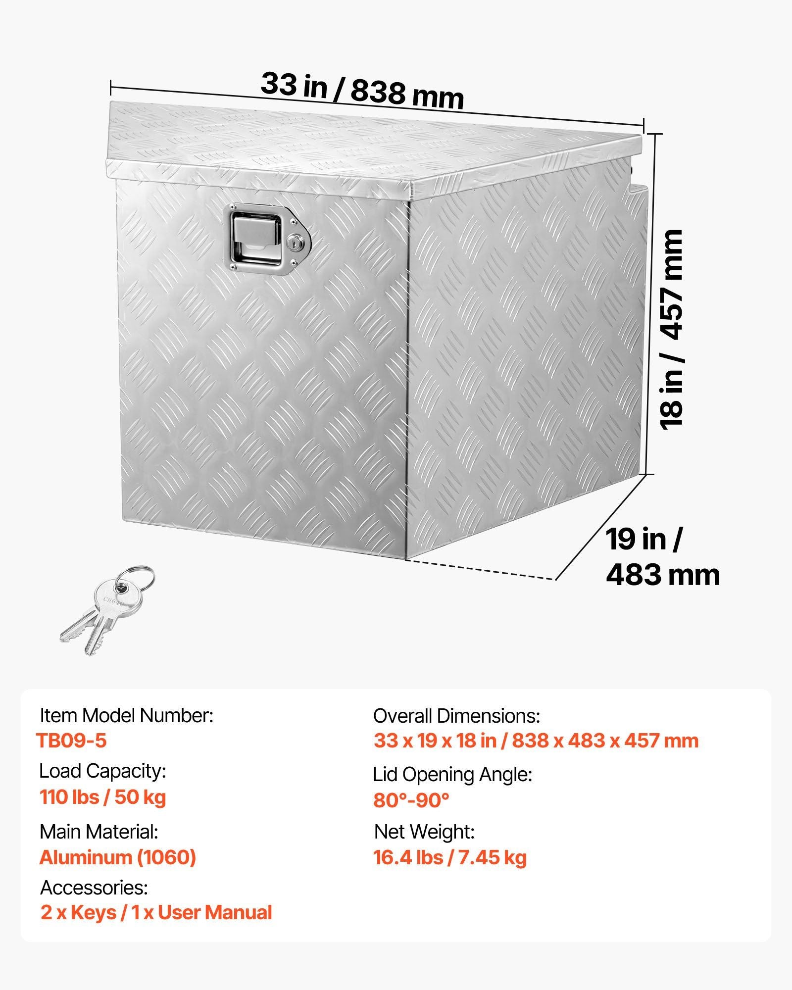 Trailer Tongue Box, 838 x 483 x 457 mm Aluminum Trailer Tongue Tool Box, Heavy Duty Storage Organizer with Lock & Keys, Utility Tool Chest for Pickup Truck Bed, RV, SUV, Off-Road Vehicle, Silver