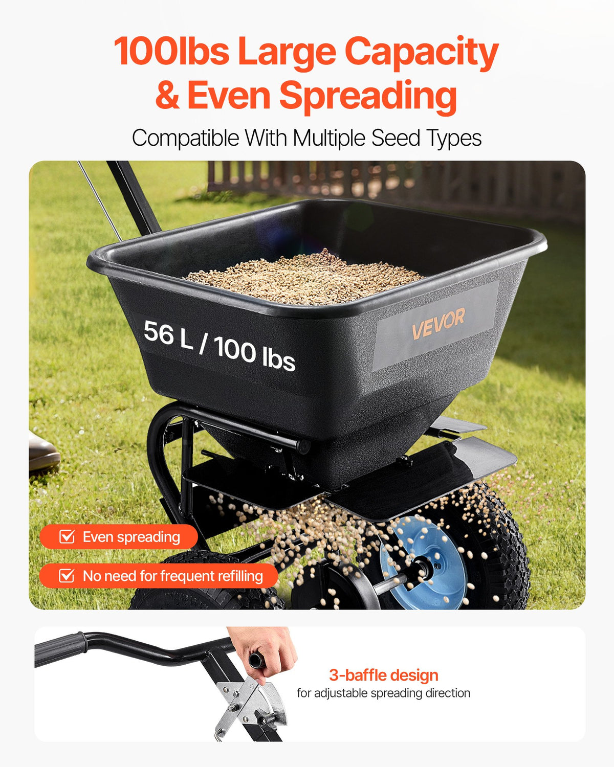 VEVOR Lawn Spreader, 100LBS Capacity, Walk-Behind Push Spreader, 0-9.8ft Spreading Width, 13 in All Terrain Pneumatic Tires, Fertilizer Spreaders with Hopper Grate, for Seed Salt Ice Melt