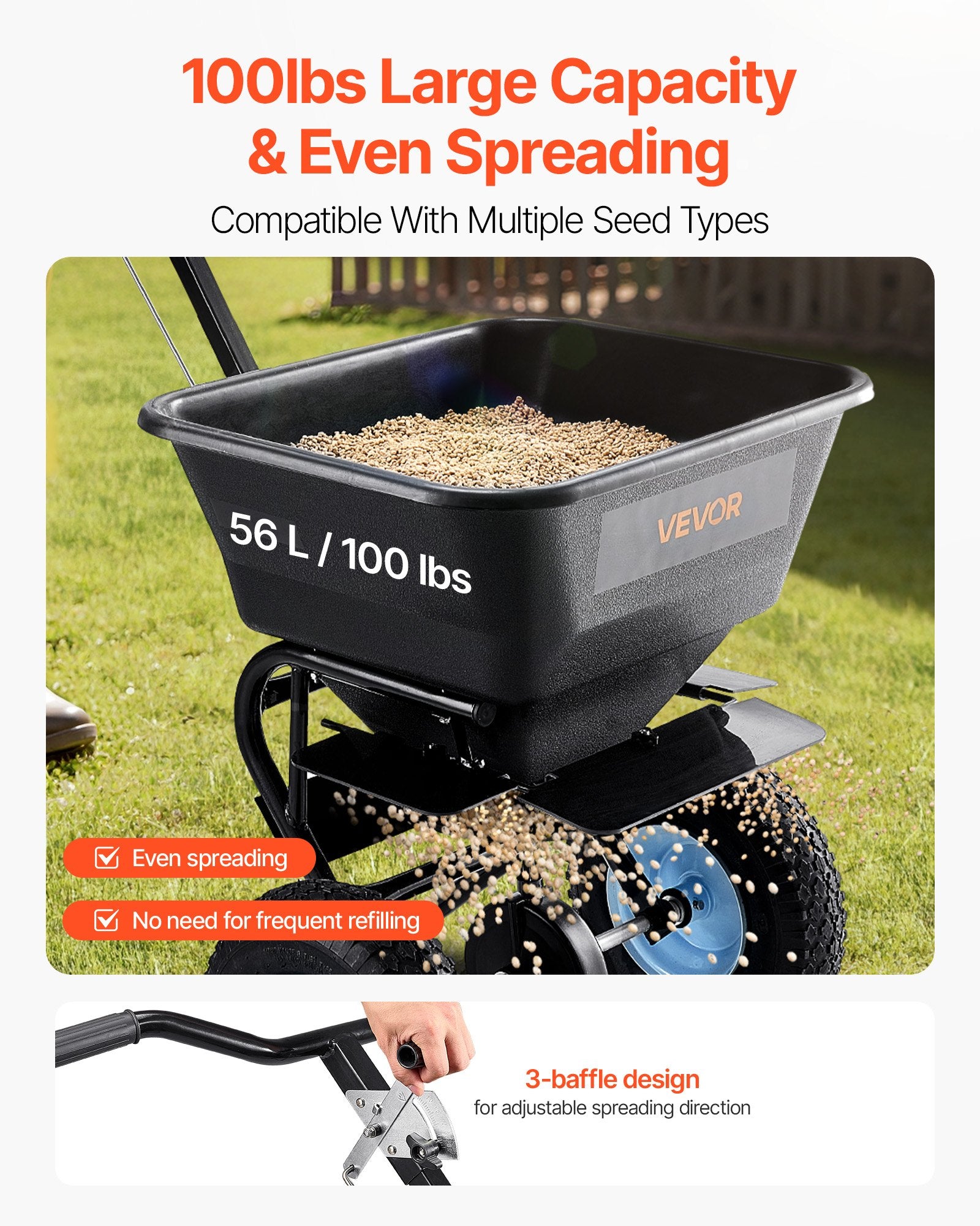 VEVOR Lawn Spreader, 100LBS Capacity, Walk-Behind Push Spreader, 0-9.8ft Spreading Width, 13 in All Terrain Pneumatic Tires, Fertilizer Spreaders with Hopper Grate, for Seed Salt Ice Melt