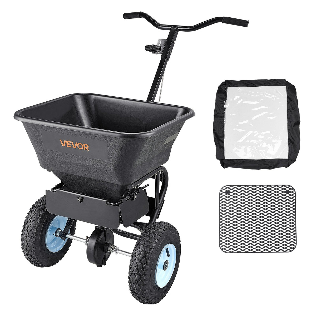 VEVOR Lawn Spreader, 100LBS Capacity, Walk-Behind Push Spreader, 0-9.8ft Spreading Width, 13 in All Terrain Pneumatic Tires, Fertilizer Spreaders with Hopper Grate, for Seed Salt Ice Melt