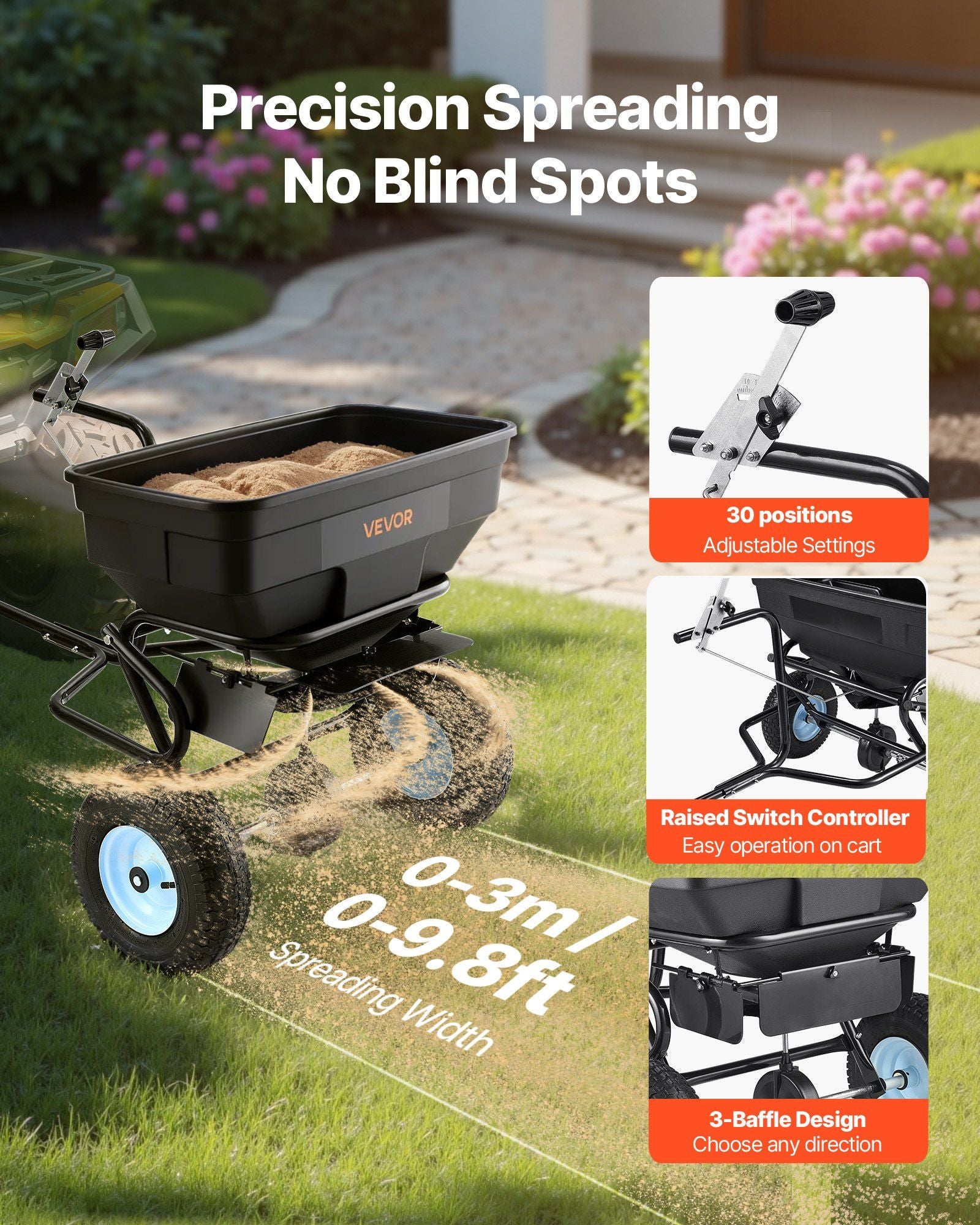Tow Behind Broadcast Spreader, 130LBS Capacity, Tow/Push Garden Spreader with 13 in Tires, 30 Adjustable Setting & 9.8 ft Spreading Width, Lawn Spreaders for Seed, Fertilizer, Salt, Ice Melt