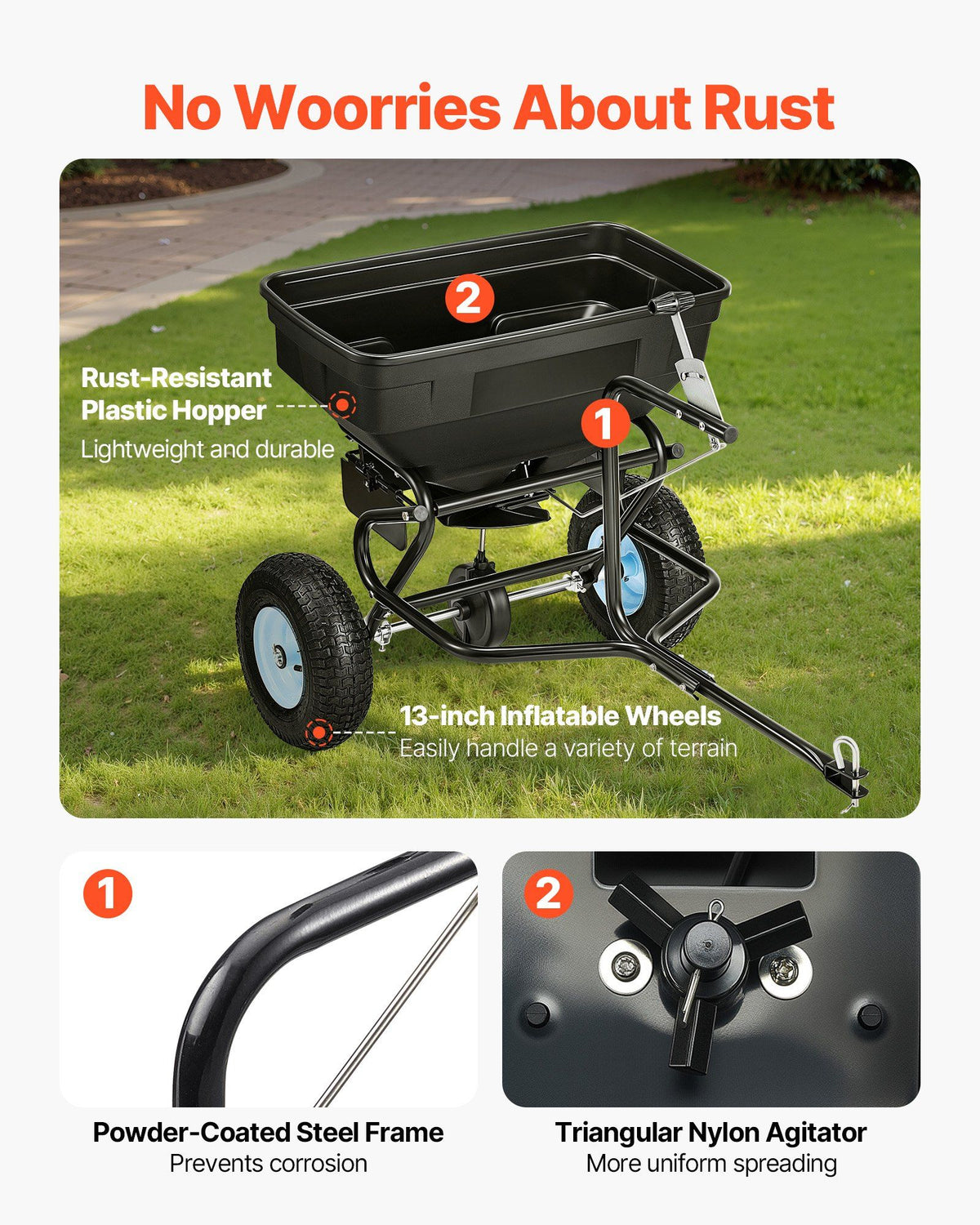 Tow Behind Broadcast Spreader, 130LBS Capacity, Tow/Push Garden Spreader with 13 in Tires, 30 Adjustable Setting & 9.8 ft Spreading Width, Lawn Spreaders for Seed, Fertilizer, Salt, Ice Melt