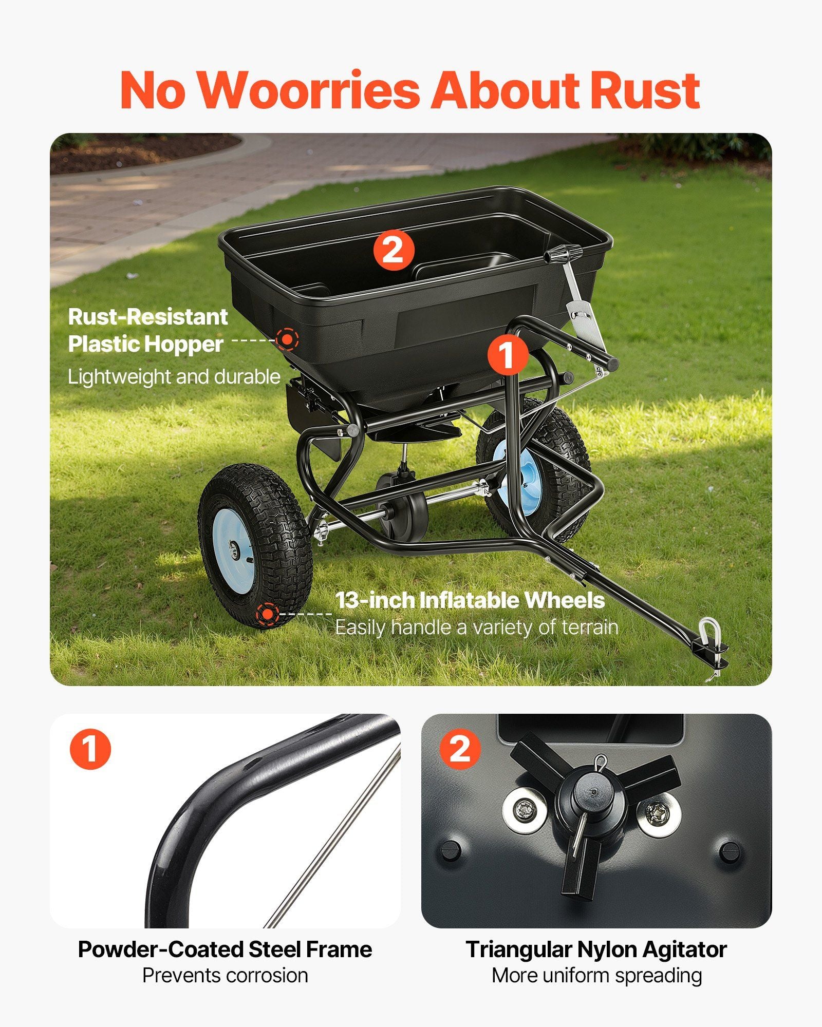 Tow Behind Broadcast Spreader, 130LBS Capacity, Tow/Push Garden Spreader with 13 in Tires, 30 Adjustable Setting & 9.8 ft Spreading Width, Lawn Spreaders for Seed, Fertilizer, Salt, Ice Melt