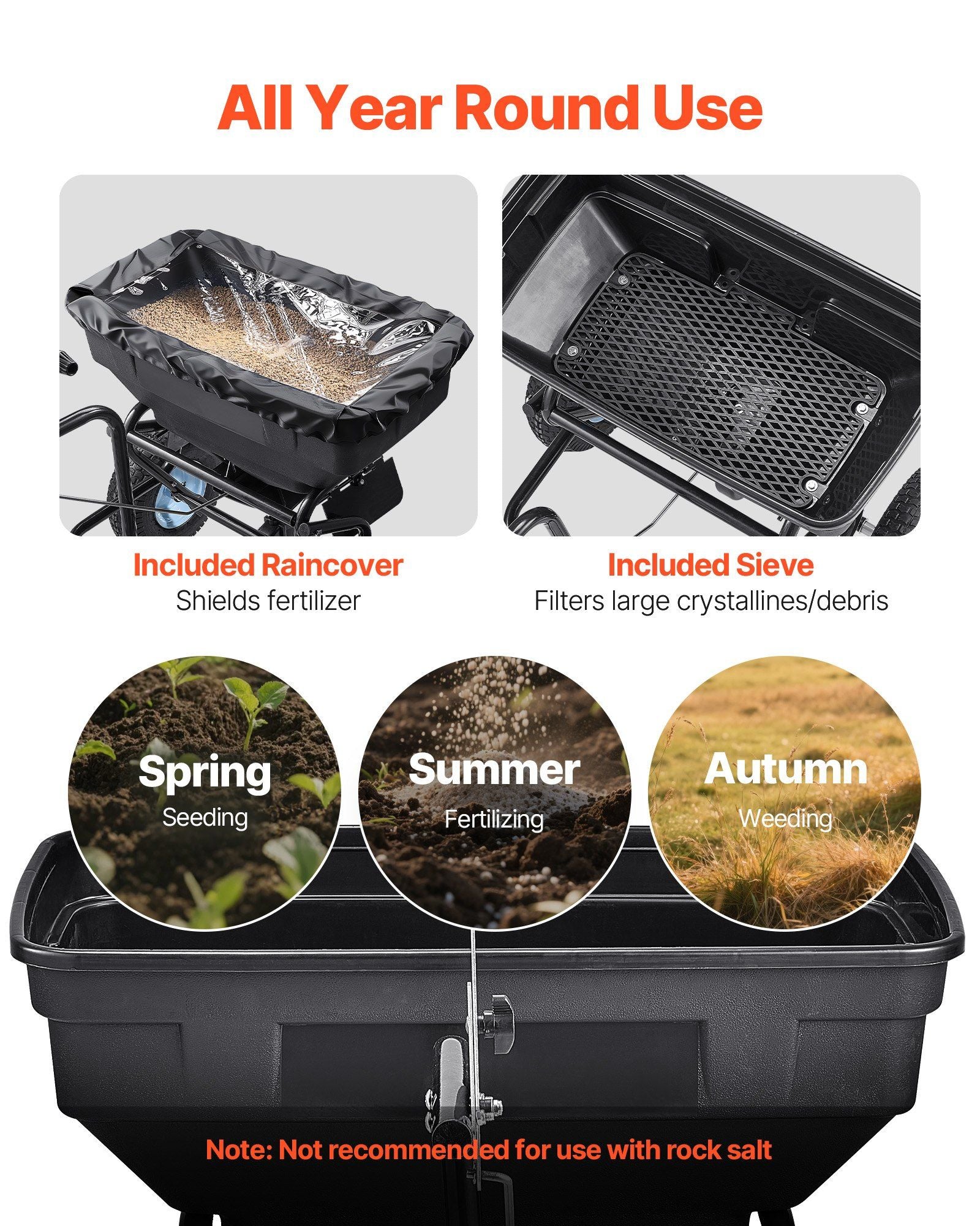 Tow Behind Broadcast Spreader, 130LBS Capacity, Tow/Push Garden Spreader with 13 in Tires, 30 Adjustable Setting & 9.8 ft Spreading Width, Lawn Spreaders for Seed, Fertilizer, Salt, Ice Melt
