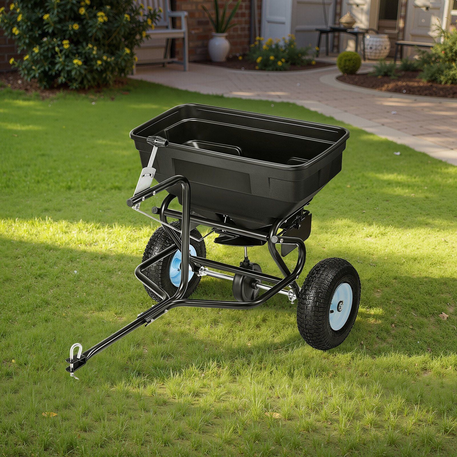 Tow Behind Broadcast Spreader, 130LBS Capacity, Tow/Push Garden Spreader with 13 in Tires, 30 Adjustable Setting & 9.8 ft Spreading Width, Lawn Spreaders for Seed, Fertilizer, Salt, Ice Melt