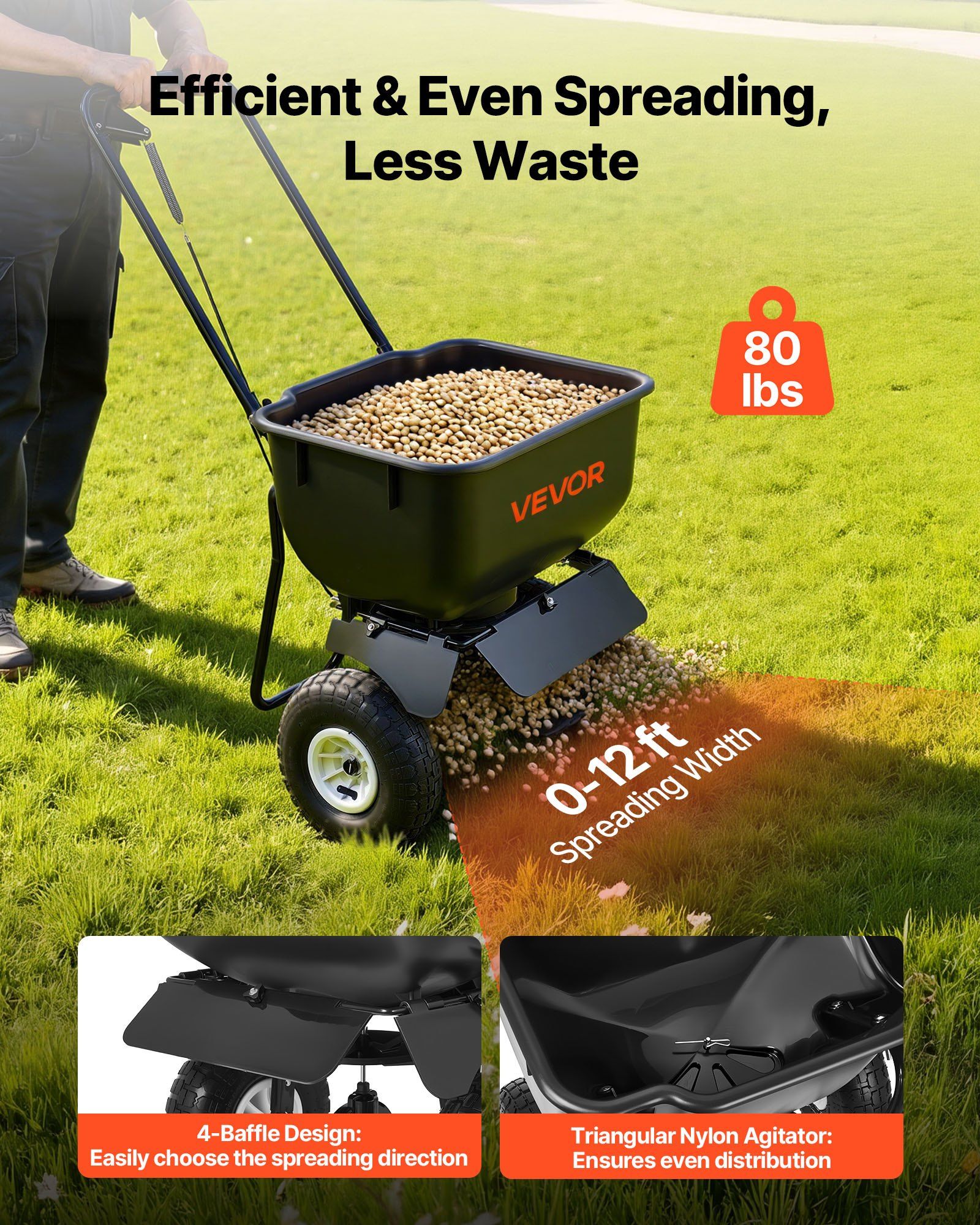 Push Lawn Spreader, 3.6m Spreading Width, Broadcast Spreader with 36.3kg Load Capacity & 10 in All-Terrain Tires, Walk-Behind Garden & Lawn Broadcast Spreaders for Seed Fertilizer, Salt Ice Melt