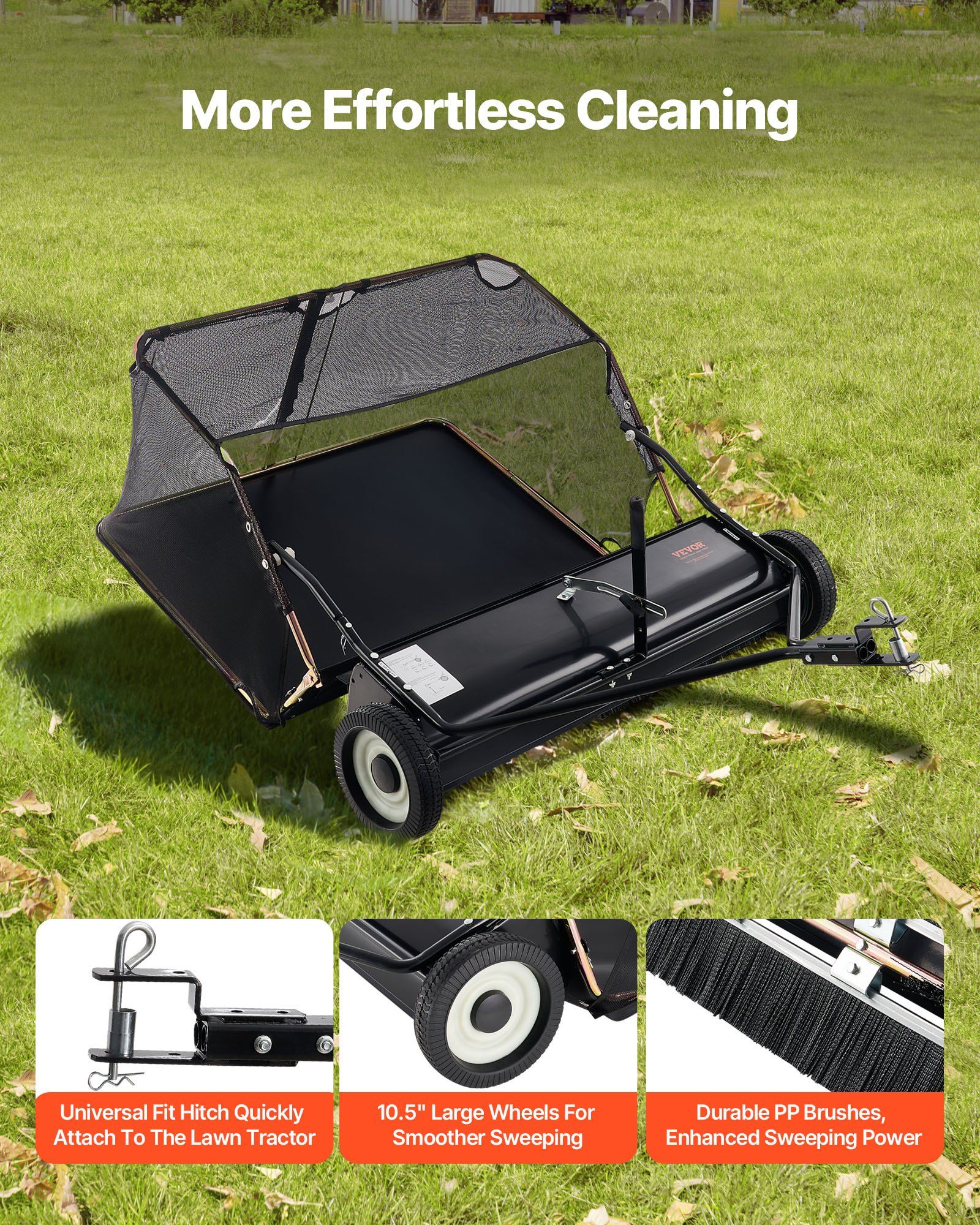 26.7 cm Tow Behind Lawn Sweeper, 26 cu.ft. Large Yard Sweeper, Adjustable Sweeping Height, Heavy Duty Leaf & Grass Collector with Dumping Rope, Pull Behind Sweepers for Debris Grass Clippings