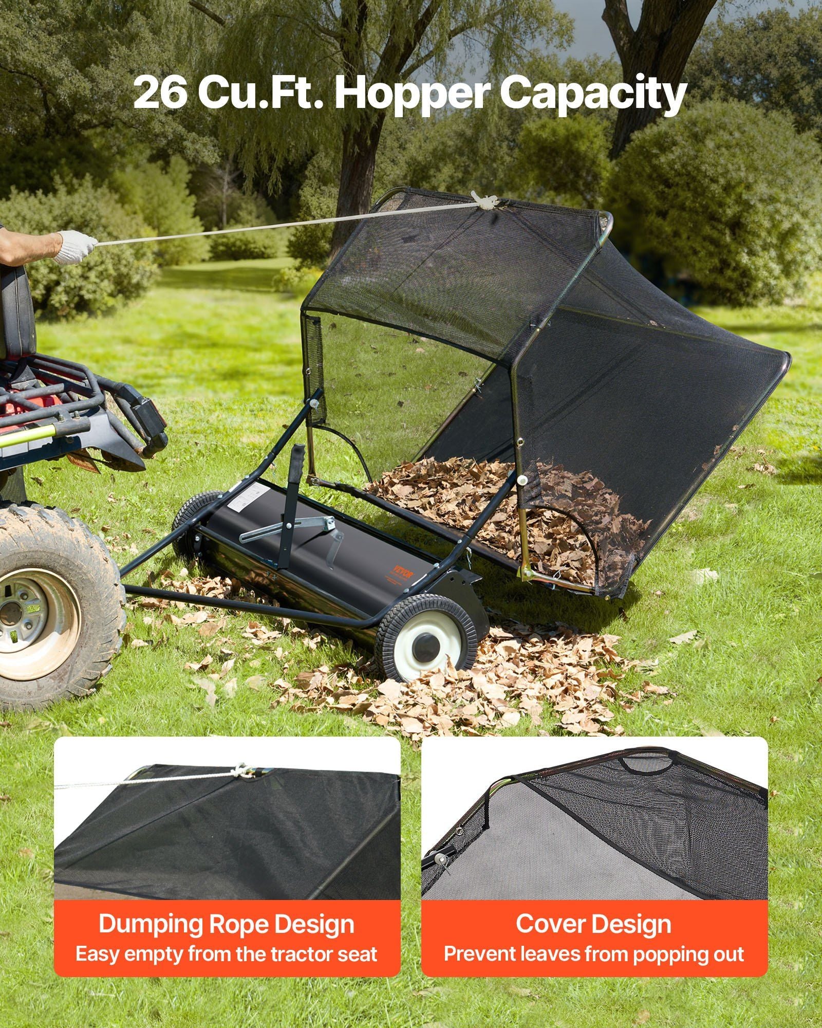 26.7 cm Tow Behind Lawn Sweeper, 26 cu.ft. Large Yard Sweeper, Adjustable Sweeping Height, Heavy Duty Leaf & Grass Collector with Dumping Rope, Pull Behind Sweepers for Debris Grass Clippings