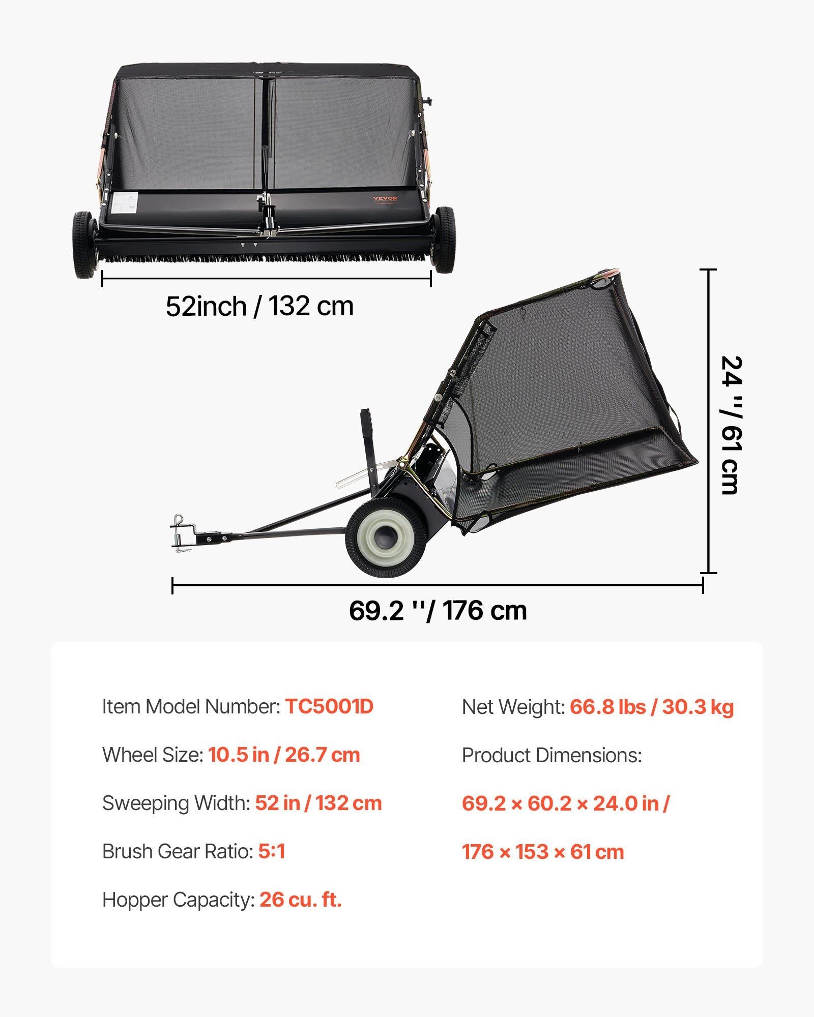 26.7 cm Tow Behind Lawn Sweeper, 26 cu.ft. Large Yard Sweeper, Adjustable Sweeping Height, Heavy Duty Leaf & Grass Collector with Dumping Rope, Pull Behind Sweepers for Debris Grass Clippings