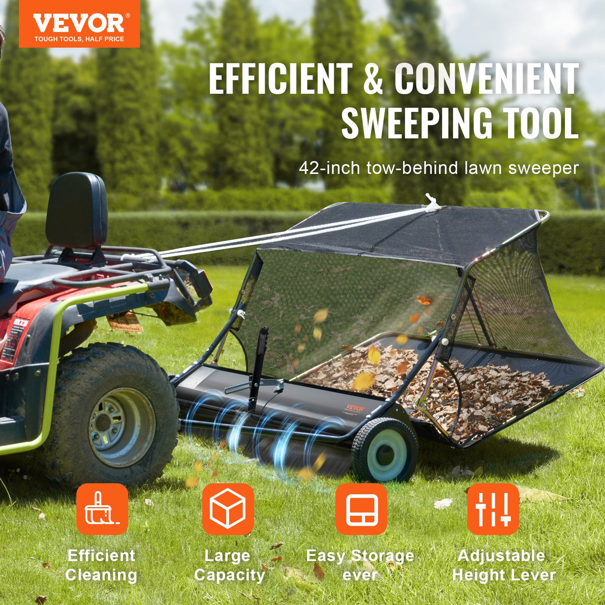 VEVOR 106.6 cm Lawn Sweeper Tow Behind, 12 cu.ft. Large Pull Behind Grass Sweeper, Heavy Duty Leaf & Grass Collector with Dumping Rope Design, Adjustable Sweeping Height for Picking Up Debris & Grass