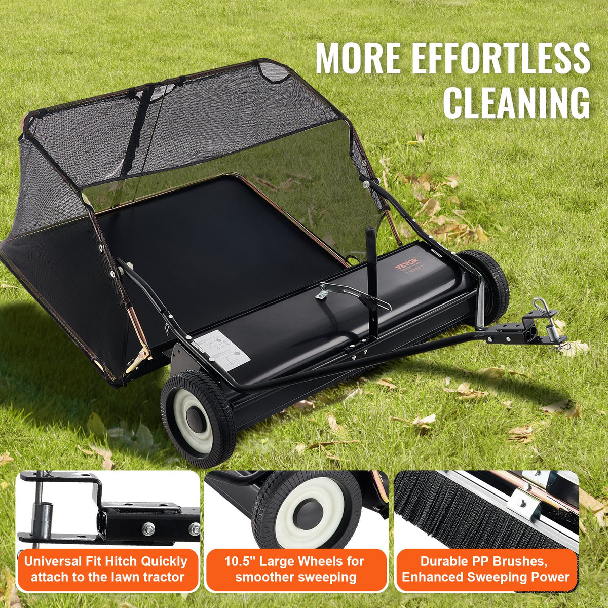 VEVOR 106.6 cm Lawn Sweeper Tow Behind, 12 cu.ft. Large Pull Behind Grass Sweeper, Heavy Duty Leaf & Grass Collector with Dumping Rope Design, Adjustable Sweeping Height for Picking Up Debris & Grass
