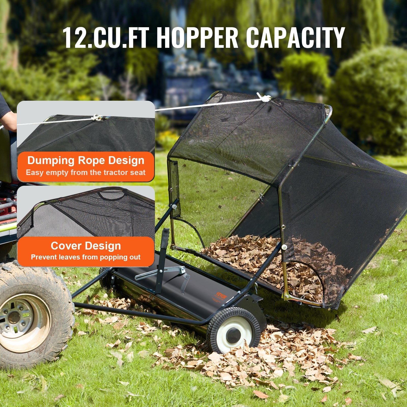 VEVOR 106.6 cm Lawn Sweeper Tow Behind, 12 cu.ft. Large Pull Behind Grass Sweeper, Heavy Duty Leaf & Grass Collector with Dumping Rope Design, Adjustable Sweeping Height for Picking Up Debris & Grass