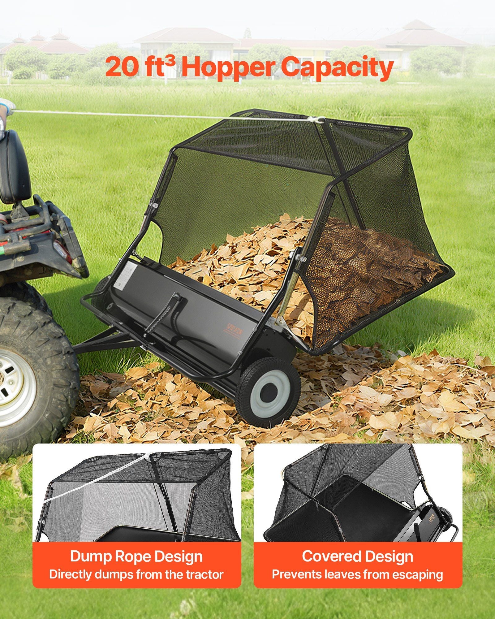 Tow Behind Lawn Sweeper, 122cm Pull Behind Yard Sweeper, 26 cu. ft Hopper Bag Capacity, Leaf & Grass Collector with Dumping Rope, Adjustable Sweeping Height, Garden Sweepers for Lawn Farm