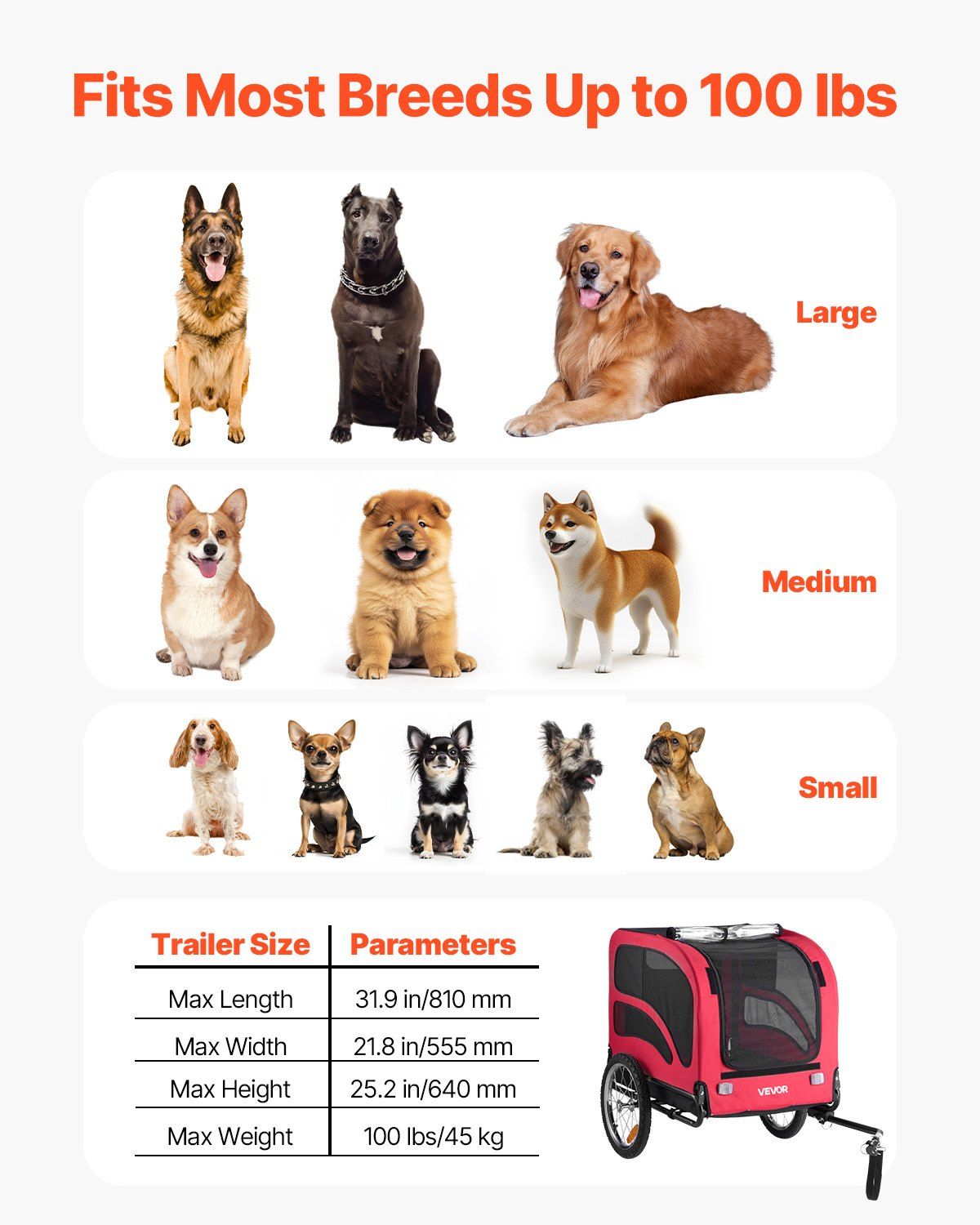 Dog Bike Trailer, Supports up to 45 kg, Pet Cart Bicycle Carrier for Small & Large Dogs, Easy Folding Frame with Quick Release Wheel, Universal Bicycle Coupler, Reflector, Flag, Internal Leash