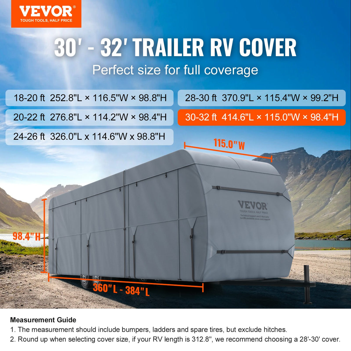 VEVOR Travel Trailer Cover, 9.1-9.8m RV Cover, 4-Layer Non-Woven Fabric Camper Cover, Waterproof, Windproof And Wear-Resistant Class A RV Cover, Rip-Stop Camper Cover with Storage Bag and Patches