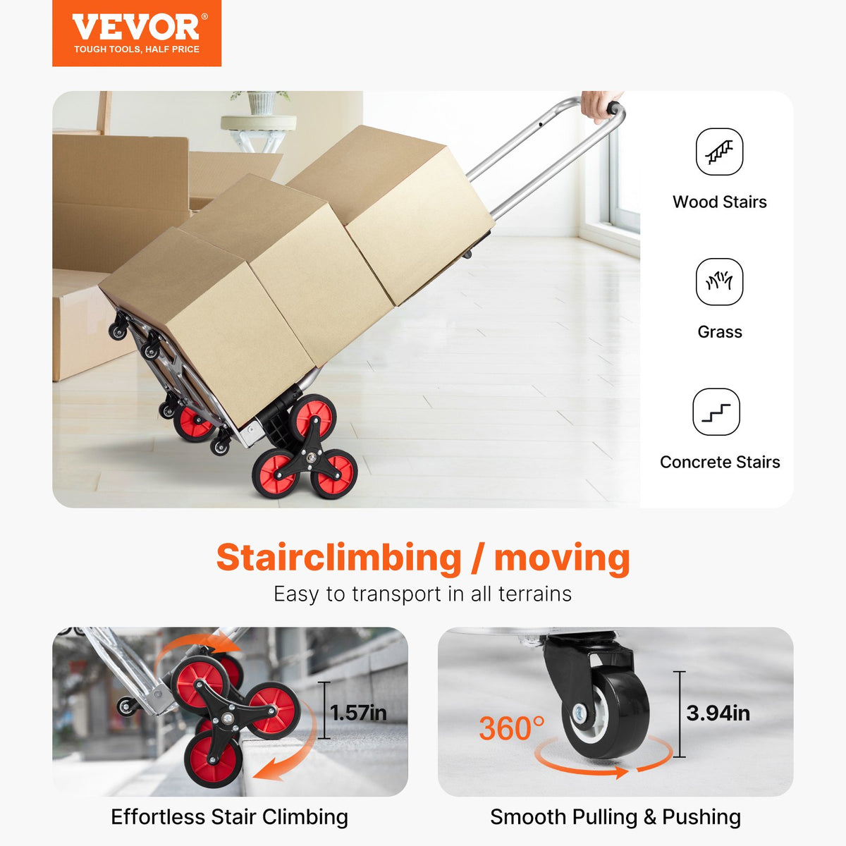 VEVOR Stair Climbing Cart Heavy Duty Folding Hand Truck Dolly 118 kg 10 Wheels