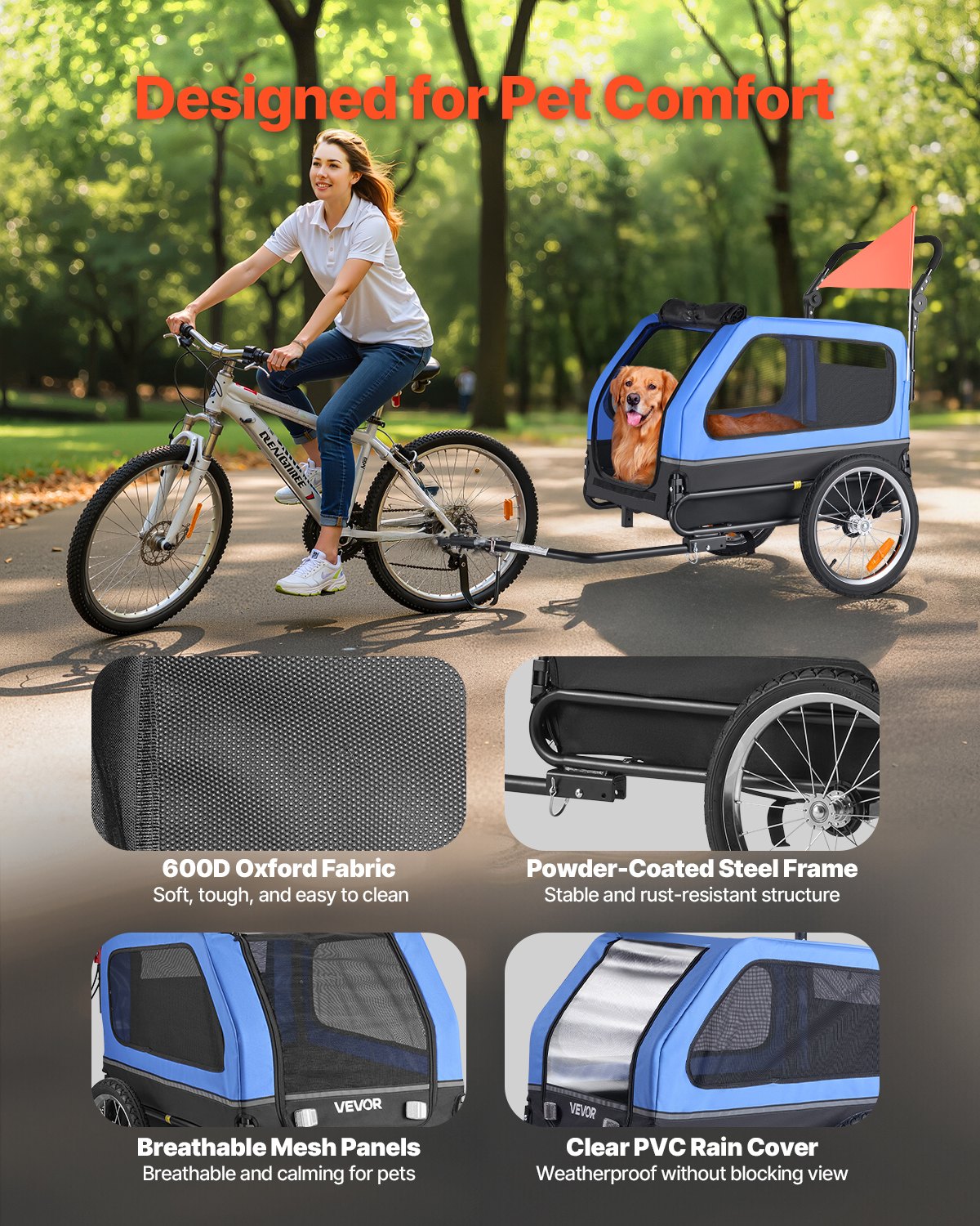 VEVOR Dog Bike Trailer, Supports up to 40 kg, 2-in-1 Pet Stroller Cart Bicycle Carrier for Small & Large Dogs, Easy Folding Frame with Quick Release Wheel, Universal Bicycle Coupler, Internal Leash