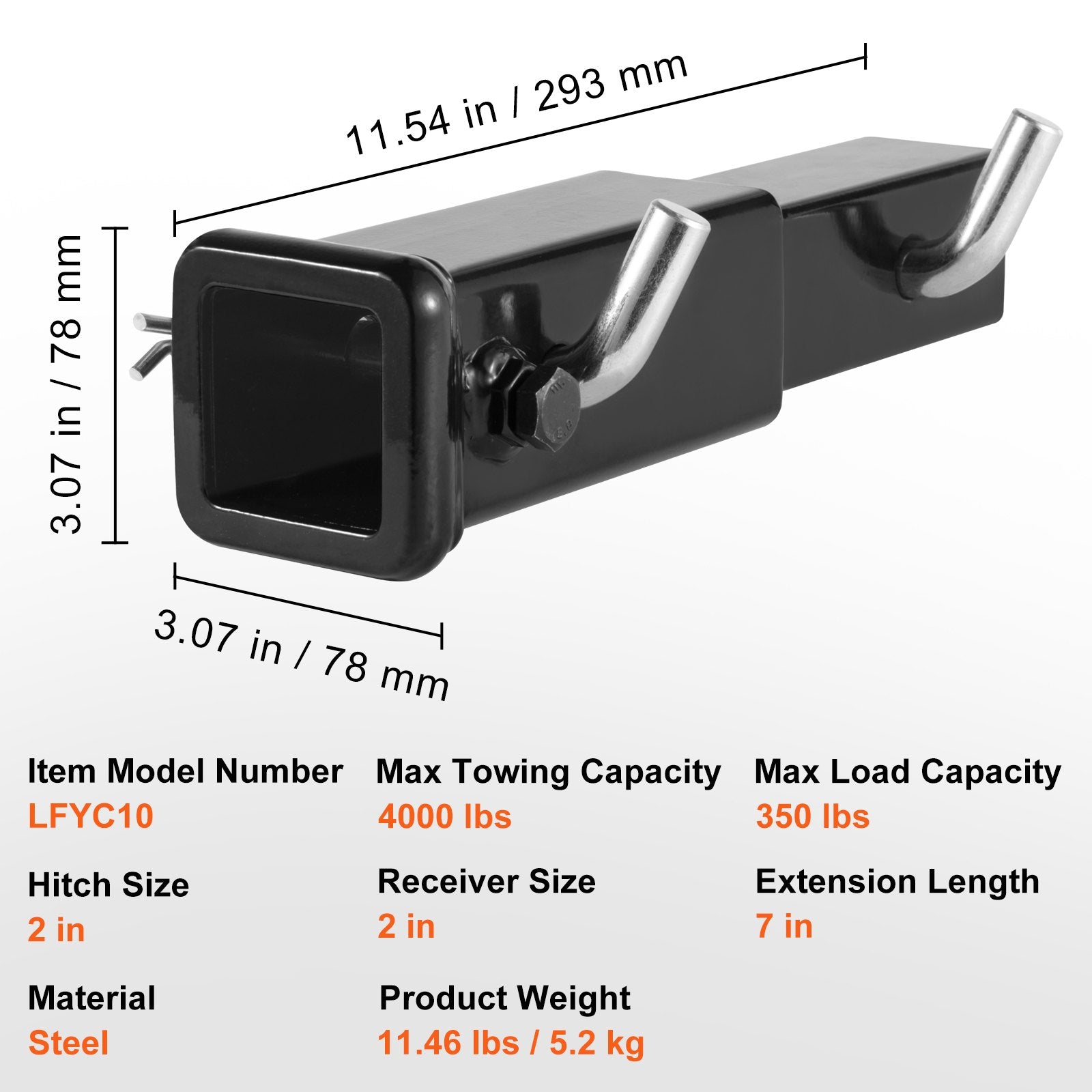 VEVOR Trailer Hitch Extender, Fits for 2" Receiver Hitch Adapter, Trailer Hitch Extension Tube Extender, 7" Extension Length, 4000 lbs Towing Capacity, Hitch Pins, Clips, Bolt and Nut Included, Black