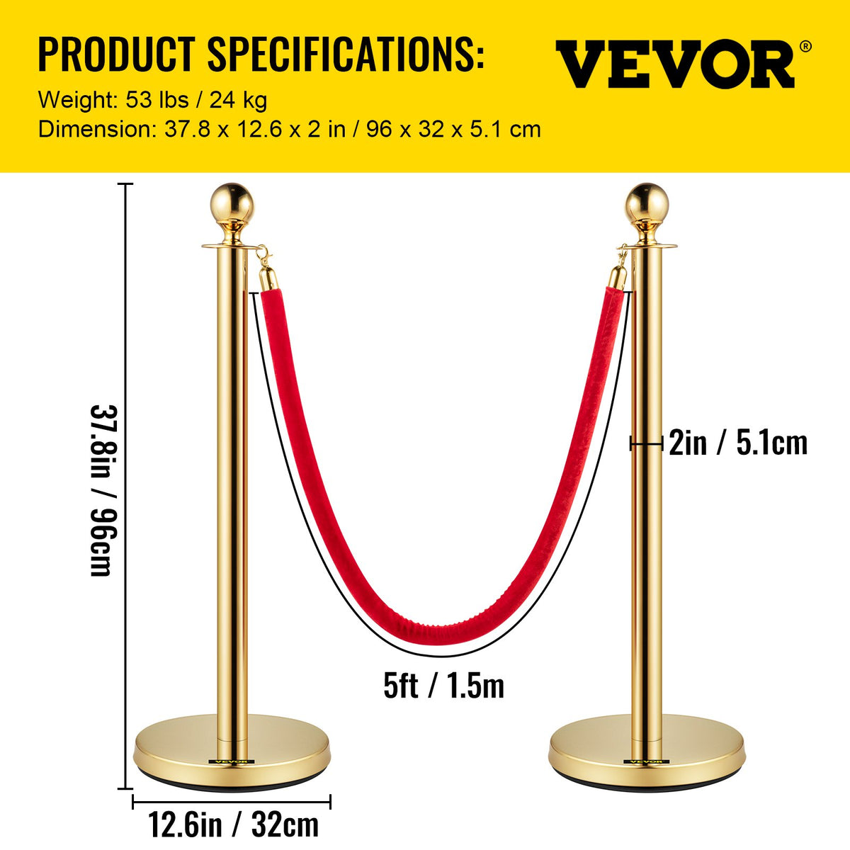 VEVOR Velvet Ropes and Posts, 5 ft/1.5 m Red Rope, Stainless Steel Gold Stanchion with Ball Top, Red Crowd Control Barrier Used for Theaters, Party, Wedding, Exhibition, Ticket Offices 4 packSets