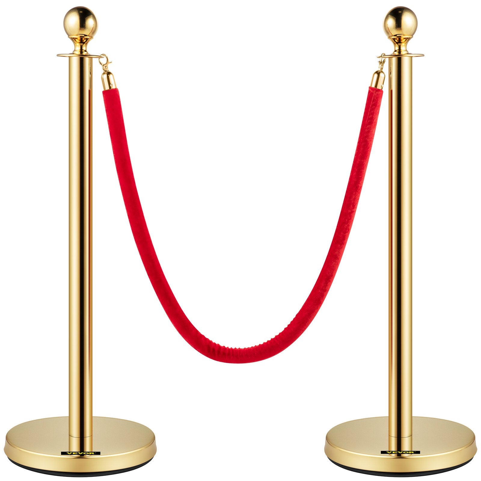 VEVOR Velvet Ropes and Posts, 5 ft/1.5 m Red Rope, Stainless Steel Gold Stanchion with Ball Top, Red Crowd Control Barrier Used for Theaters, Party, Wedding, Exhibition, Ticket Offices 4 packSets
