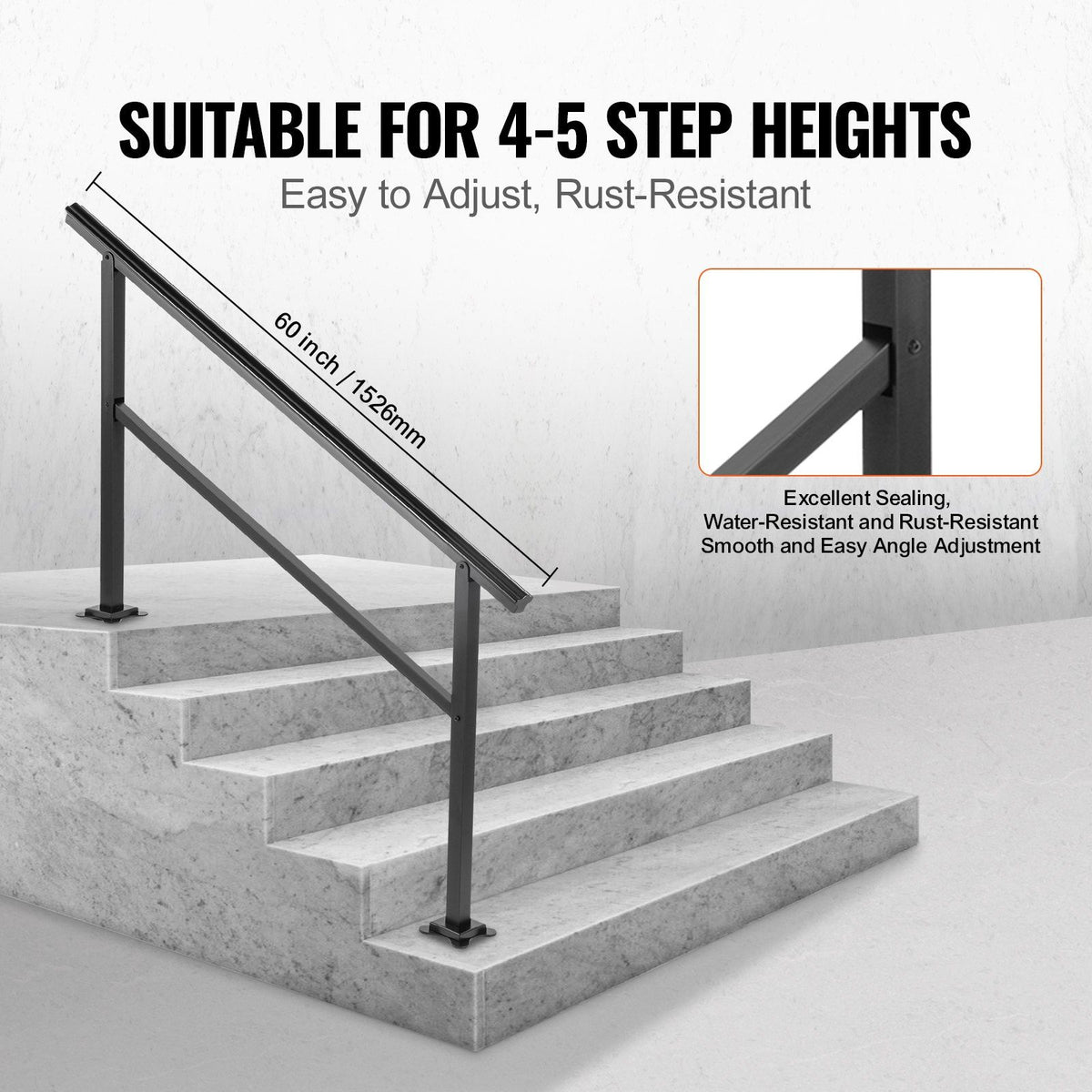 Outdoor Handrail 165LBS Load Handrail Outdoor Stairs Aluminum Stair Handrail 152 x 89.5 cm Outdoor Stair Railing Transitional Range from 0 to 30° Staircase Handrail Fits 4-5 Steps with Screw Kit