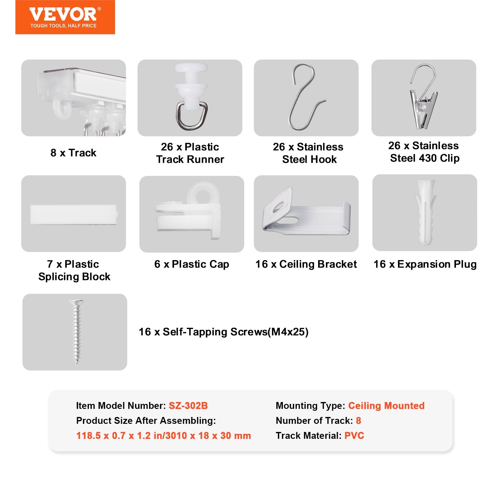 VEVOR Ceiling Curtain Track Set, 9.9 FT/3 Meter, Self Adhesive, No Drill Ceiling Track System for Curtains, Room Divider Curtain Track Ceiling Mounted for Living Room with Hooks and Hardware, White