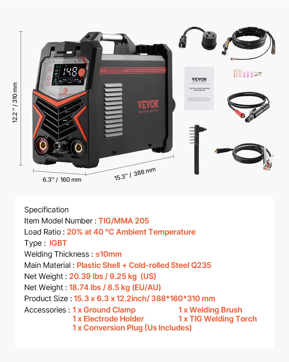 VEVOR TIG Welder, 205A 3-In-1 Welding Machine (Large LED Display)- DC TIG/DC Pulse TIG/MMA(Stick), Electric Welder with IGBT Inverter High-Frequency Start