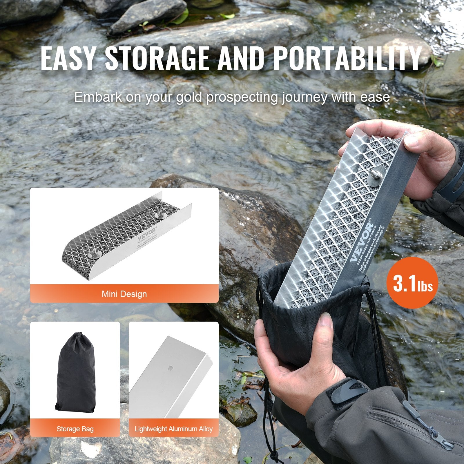 VEVOR Gold Panning Kit With Mini Sluice Box, 12" Aluminum Gold Mining Equipment, 16 PCS Gold Prospecting Kit with Gold Pan, Classifier Screen, Separating Magnet, Drawstring Backpack and Accessories