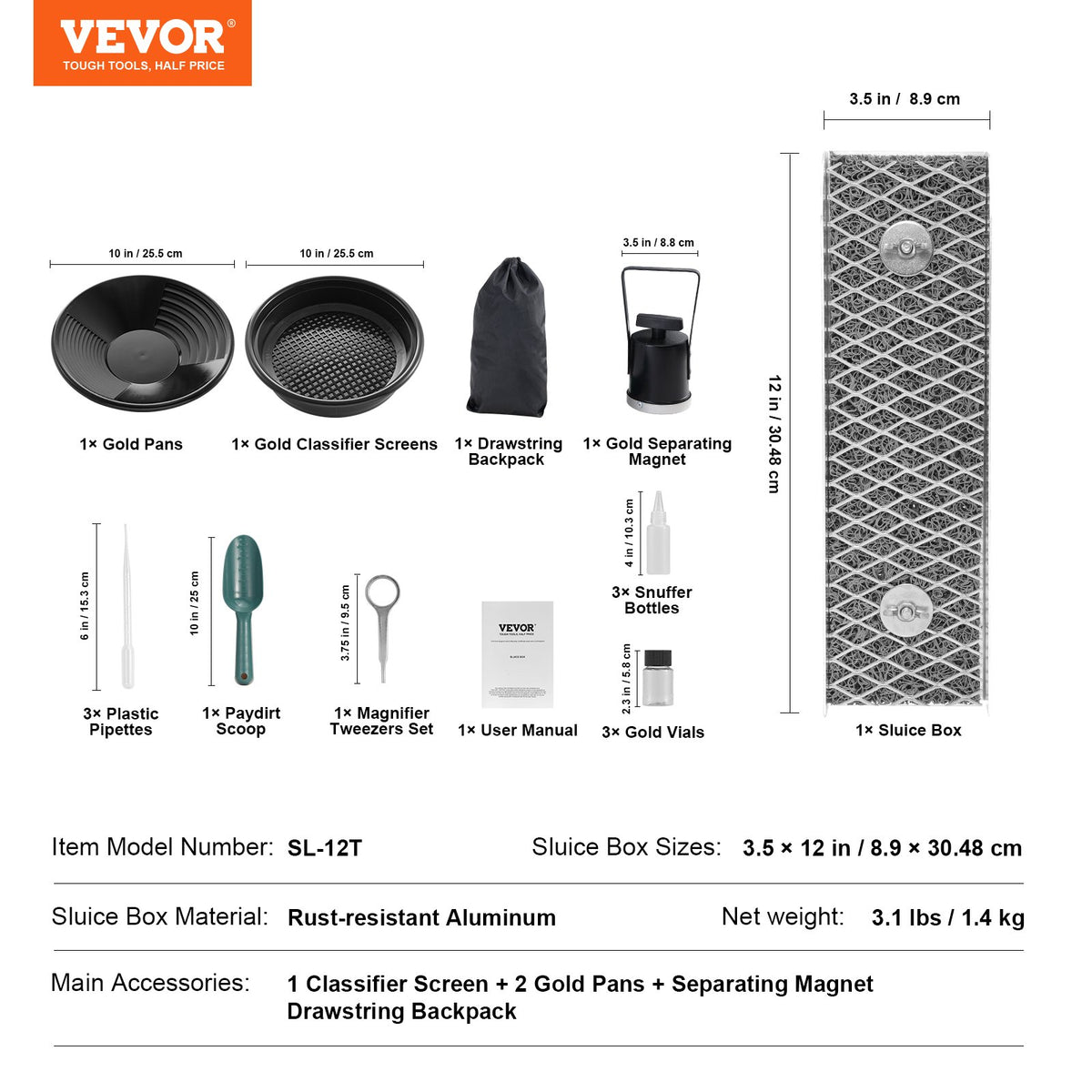 VEVOR Gold Panning Kit With Mini Sluice Box, 12" Aluminum Gold Mining Equipment, 16 PCS Gold Prospecting Kit with Gold Pan, Classifier Screen, Separating Magnet, Drawstring Backpack and Accessories