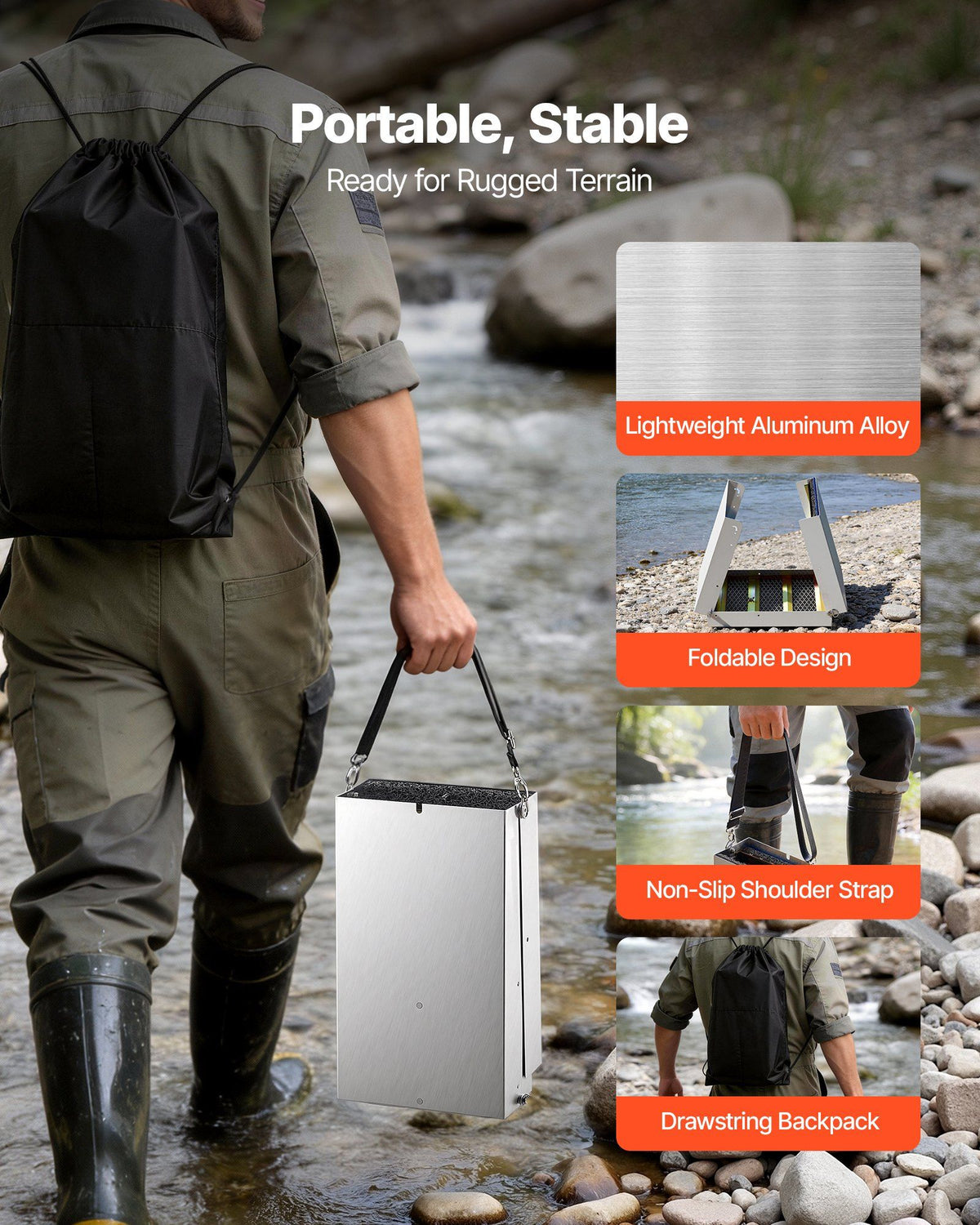 Highbanker Gold Panning Kit, 1270 mm 3-in-1 Folding High Banker Gold Sluice Box, 26 PCS Portable Mining Equipment Prospecting Kit with Gold Pans, Classifier Screen, Magnet, Backpack, Accessories