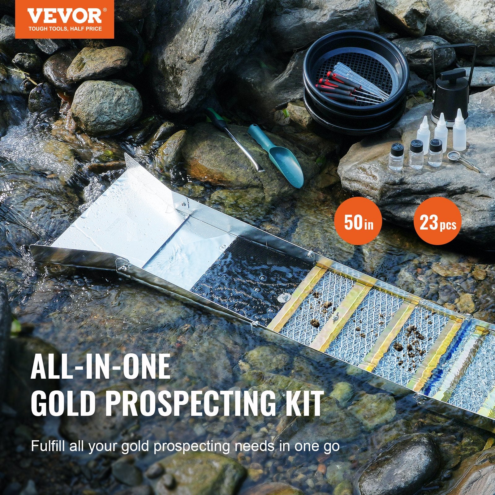 VEVOR Gold Panning Kit With Sluice Box, 50" Aluminum Gold Mining Equipment, 23 PCS Gold Prospecting Kit with Gold Pan, Classifier Screen, Separating Magnet, Drawstring Backpack and Accessories