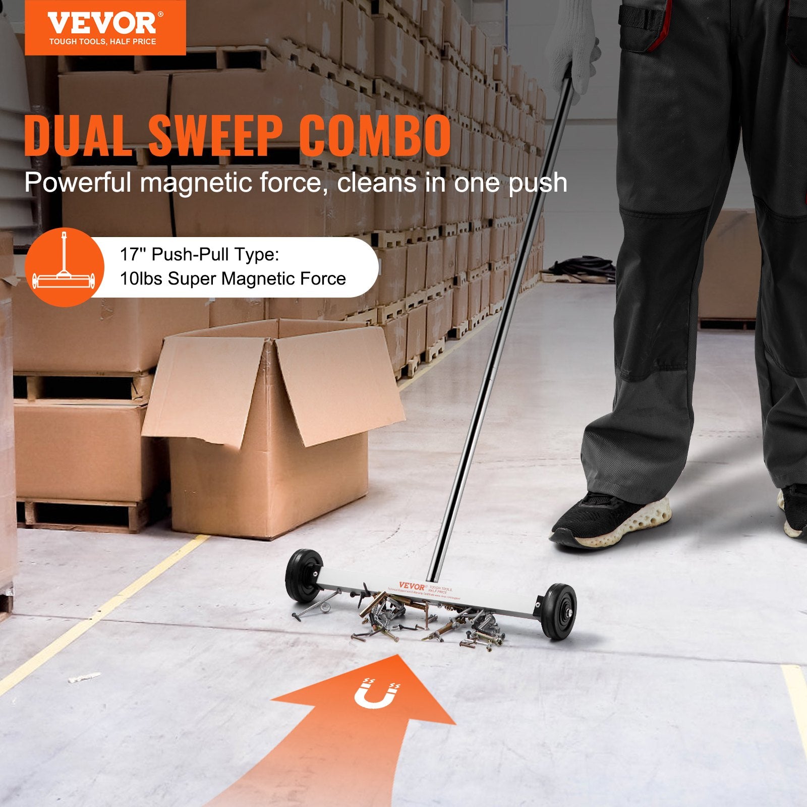 VEVOR Magnetic Sweeper with Wheels, 17inch Mini Magnetic Sweeper, 10 lbs Capacity, Adjustable Handle, Lightweight Magnetic Pickup Sweeper to Pick Up Nails and Screws, Easy Cleanup of Workshop Garage
