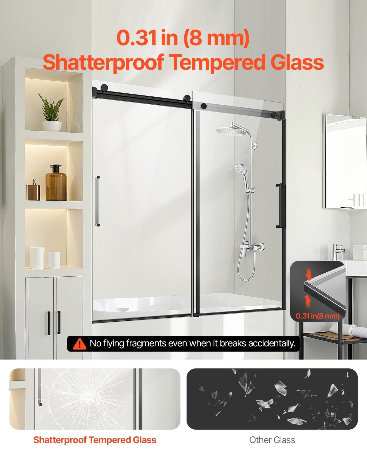 Frameless Sliding Bathtub Door, 1422-1524 mm x 1524 mm, Frameless Shower Glass Door, Frameless Double Sliding Tub Door with 5/16 in Clear Tempered Glass and Stainless Steel Handle, Black Finish