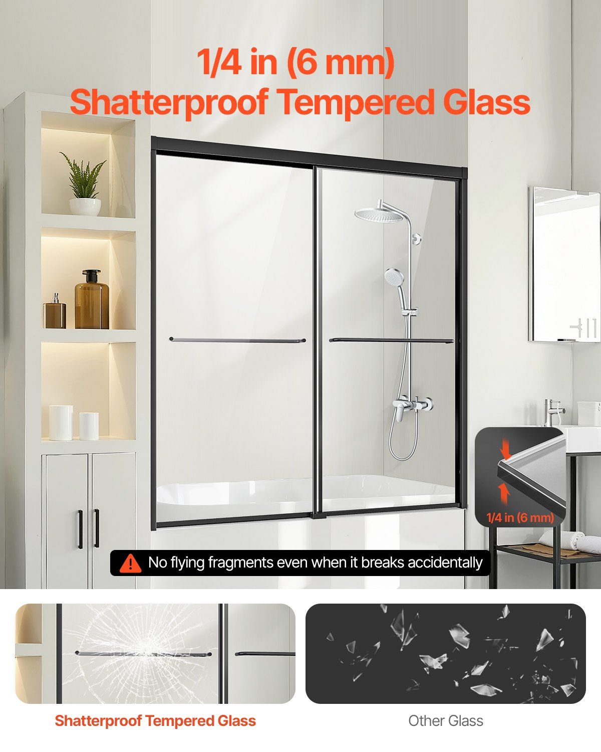 Bathtub Shower Door, 1422-1524 mm x 1524 mm, Semi-Frameless Double Sliding Tub Door, Semi-Frameless Bypass Tub Door with 1/4 in Shatterproof Tempered Glass and Stainless Steel Handle, Black
